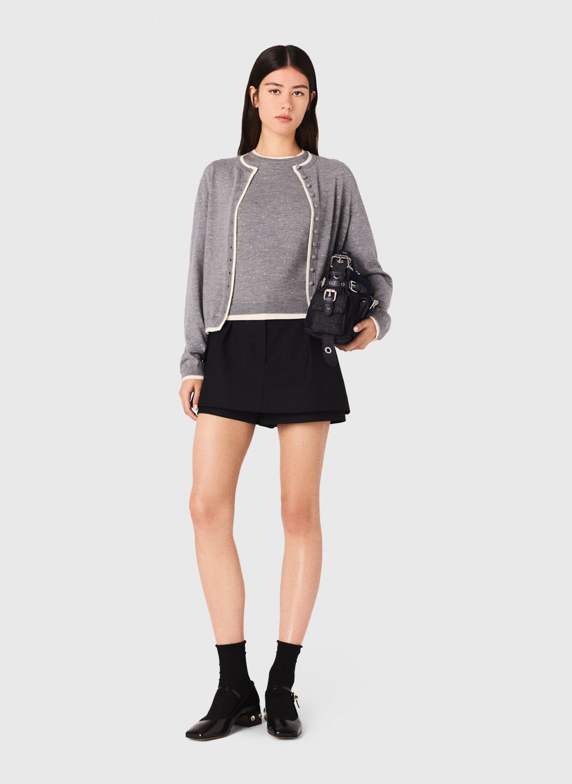 Cardigan droit en laine mélangée Gris