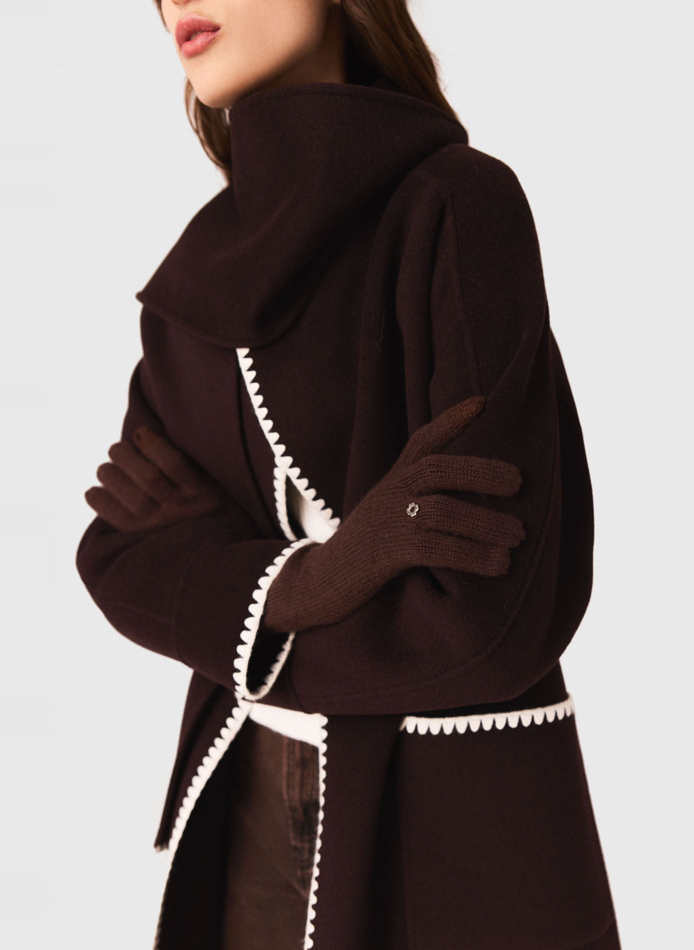 Manteau long double face brodé en laine mélangée MAJE Marron