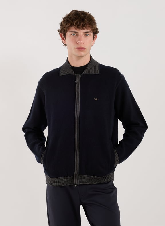 Zip-up sweater in virgin wool with embroidery Blue by EMPORIO ARMANI EMPORIO ARMANI Zip-up sweater in virgin wool with embroidery Blue