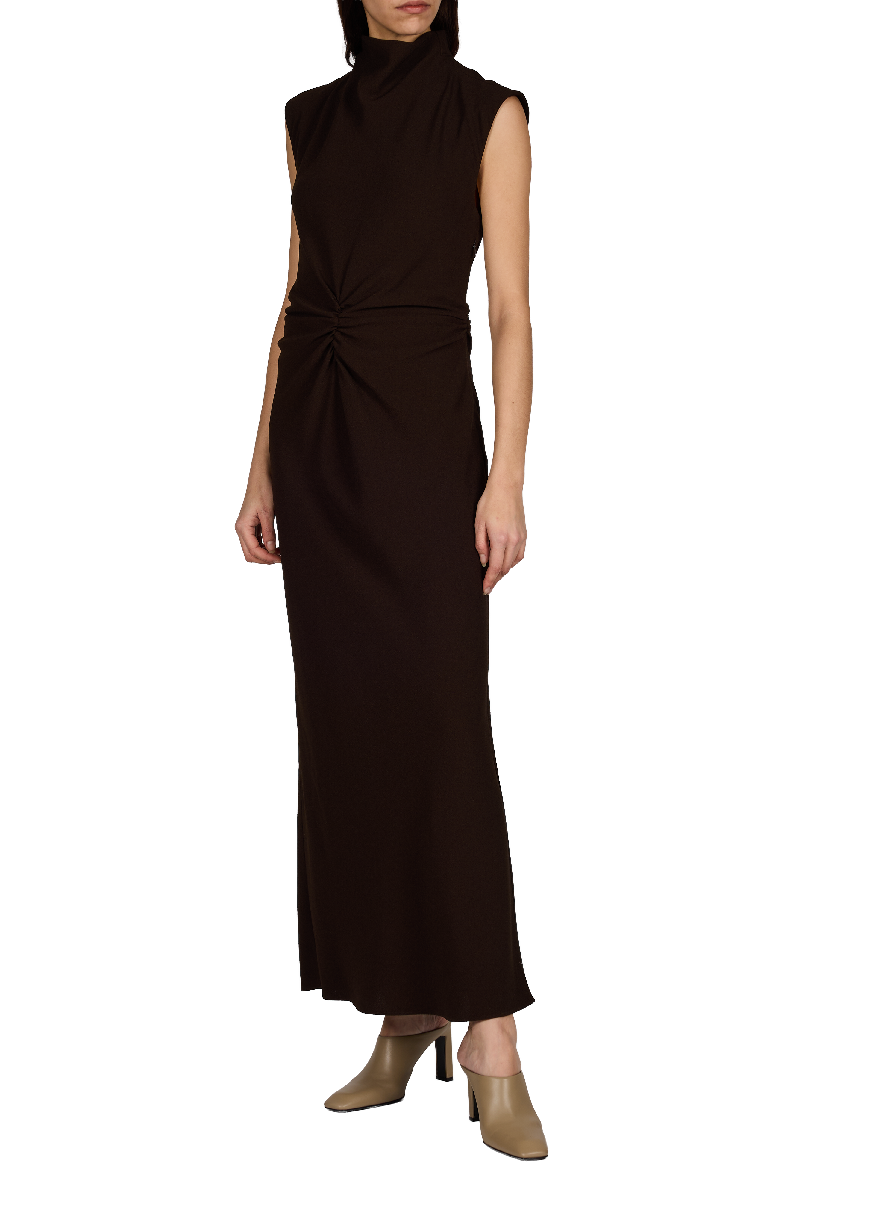 Robe longue cintrée à col montant ROTATE Marron