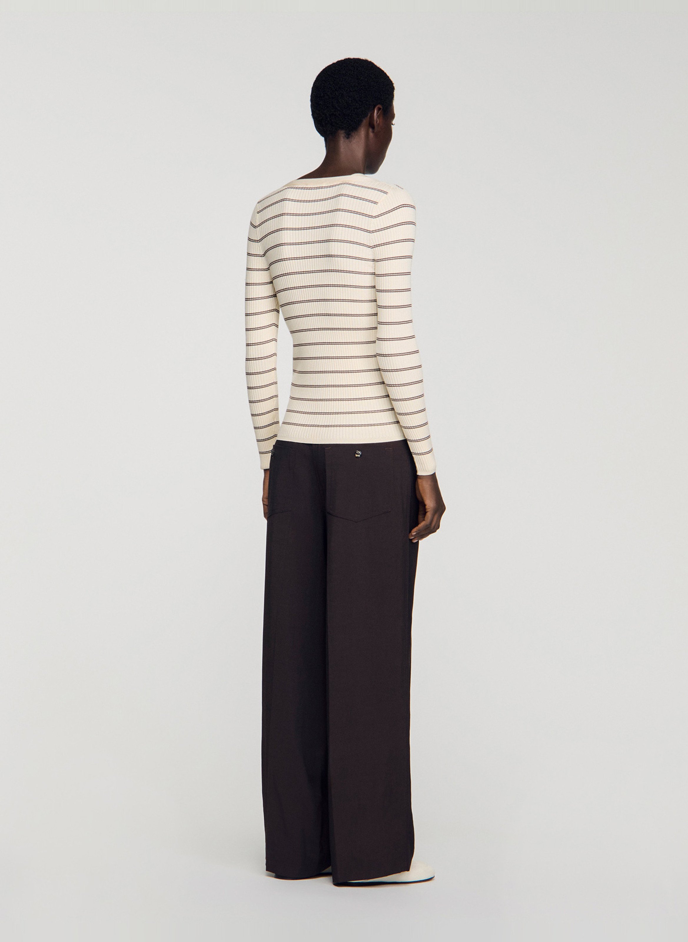 Cardigan cintré en maille rayée SANDRO Beige