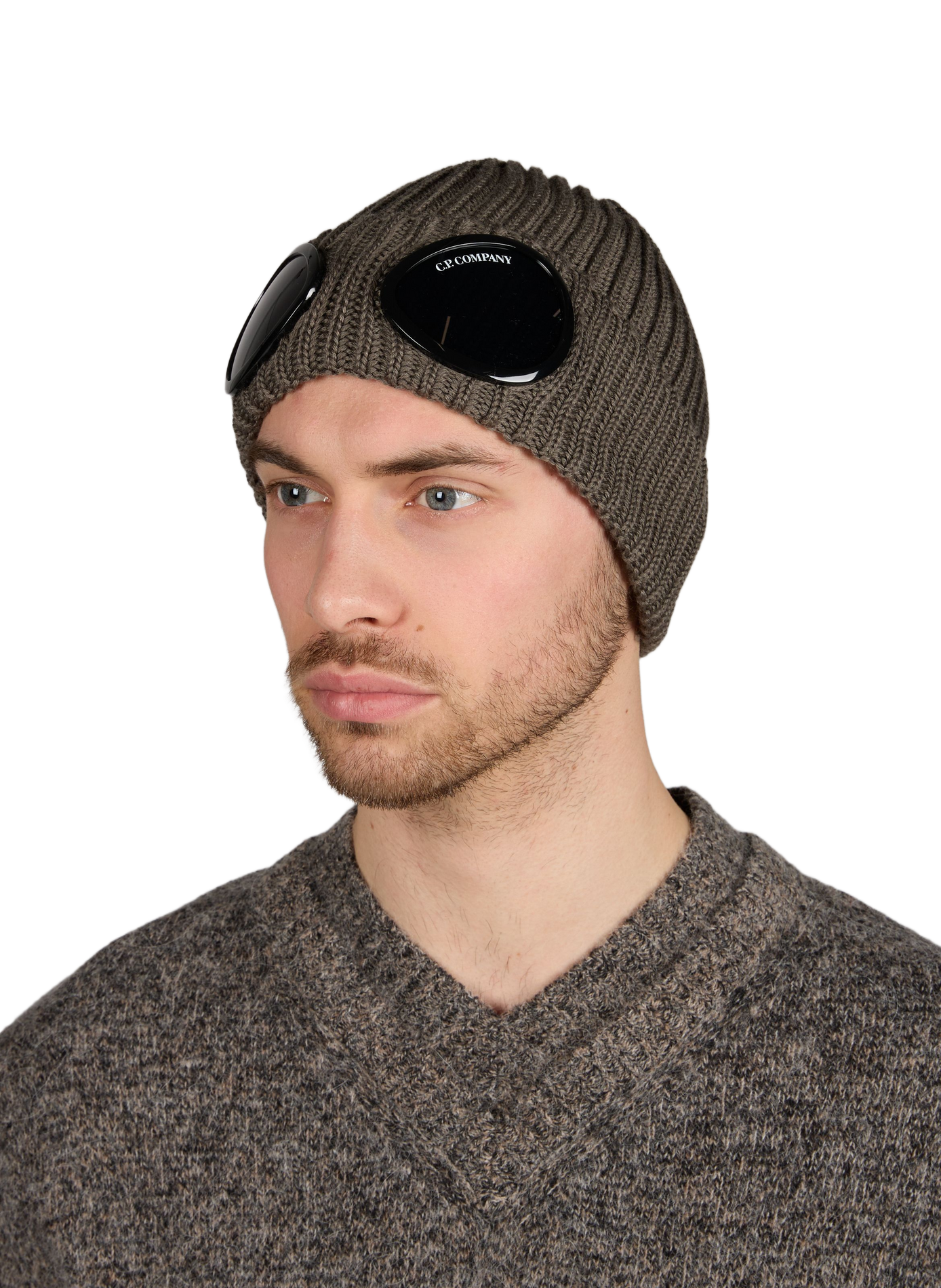 Ribbed beanie with glasses on wool cuff CP COMPANY Brown