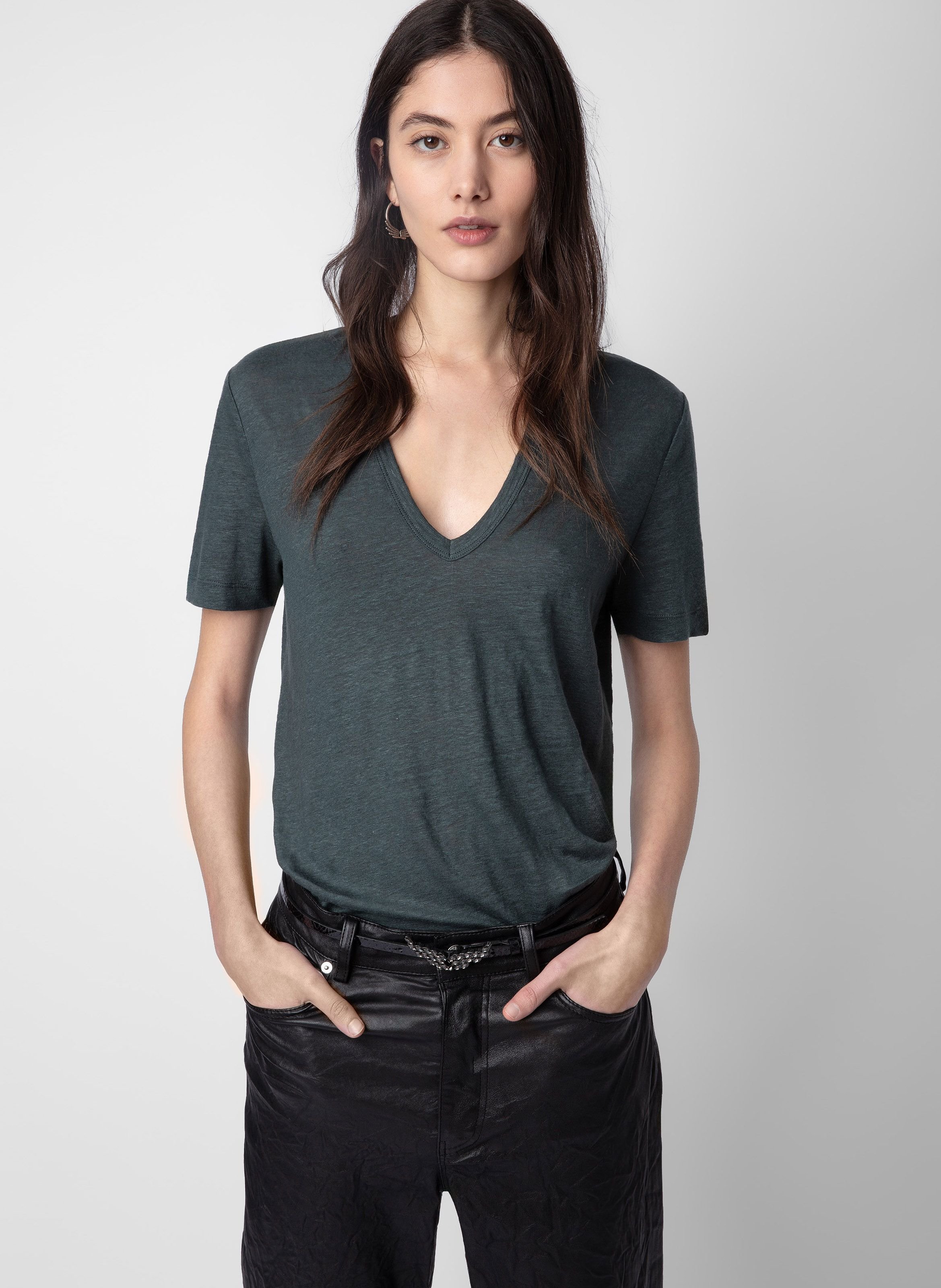 Tee-shirt droit col v en lin wassa ZADIG&VOLTAIRE Vert