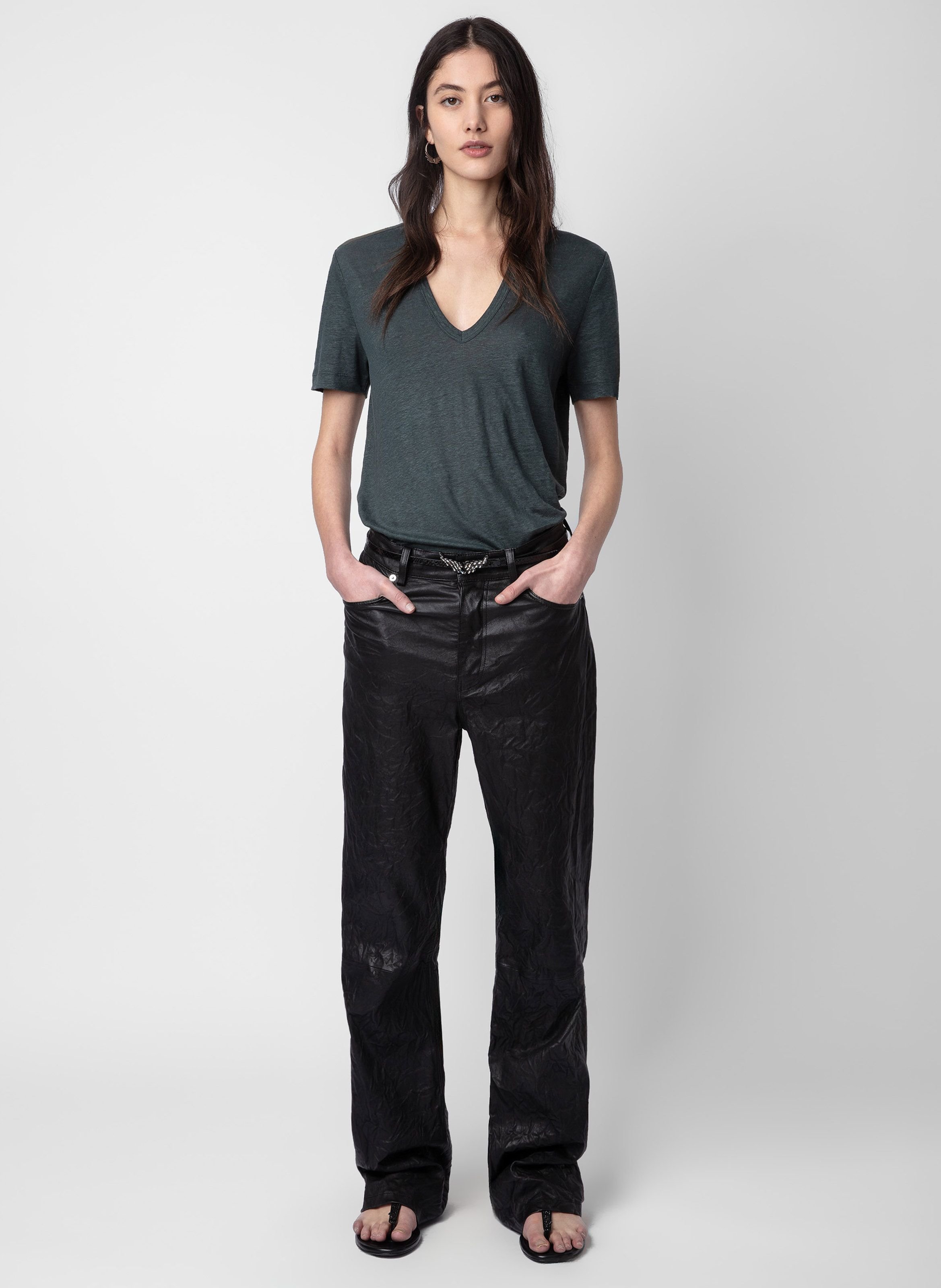 Tee-shirt droit col v en lin wassa ZADIG&VOLTAIRE Vert