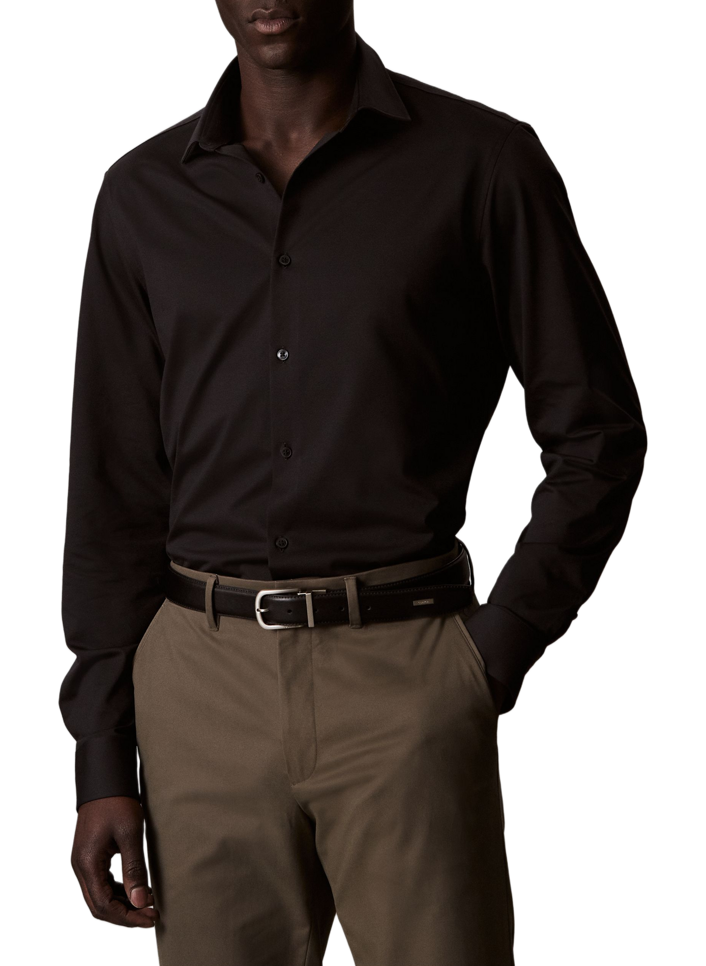 Solid slim fit shirt in blended cotton. CALVIN KLEIN Black
