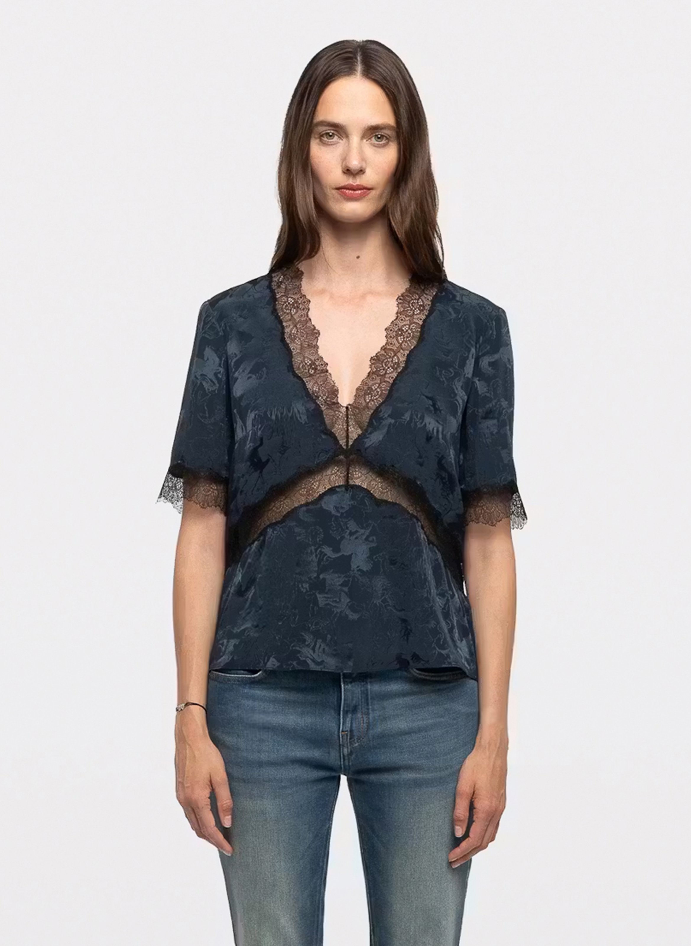Rechte top met V-hals in bedrukte zijde tedoxa. ZADIG&VOLTAIRE Blauw