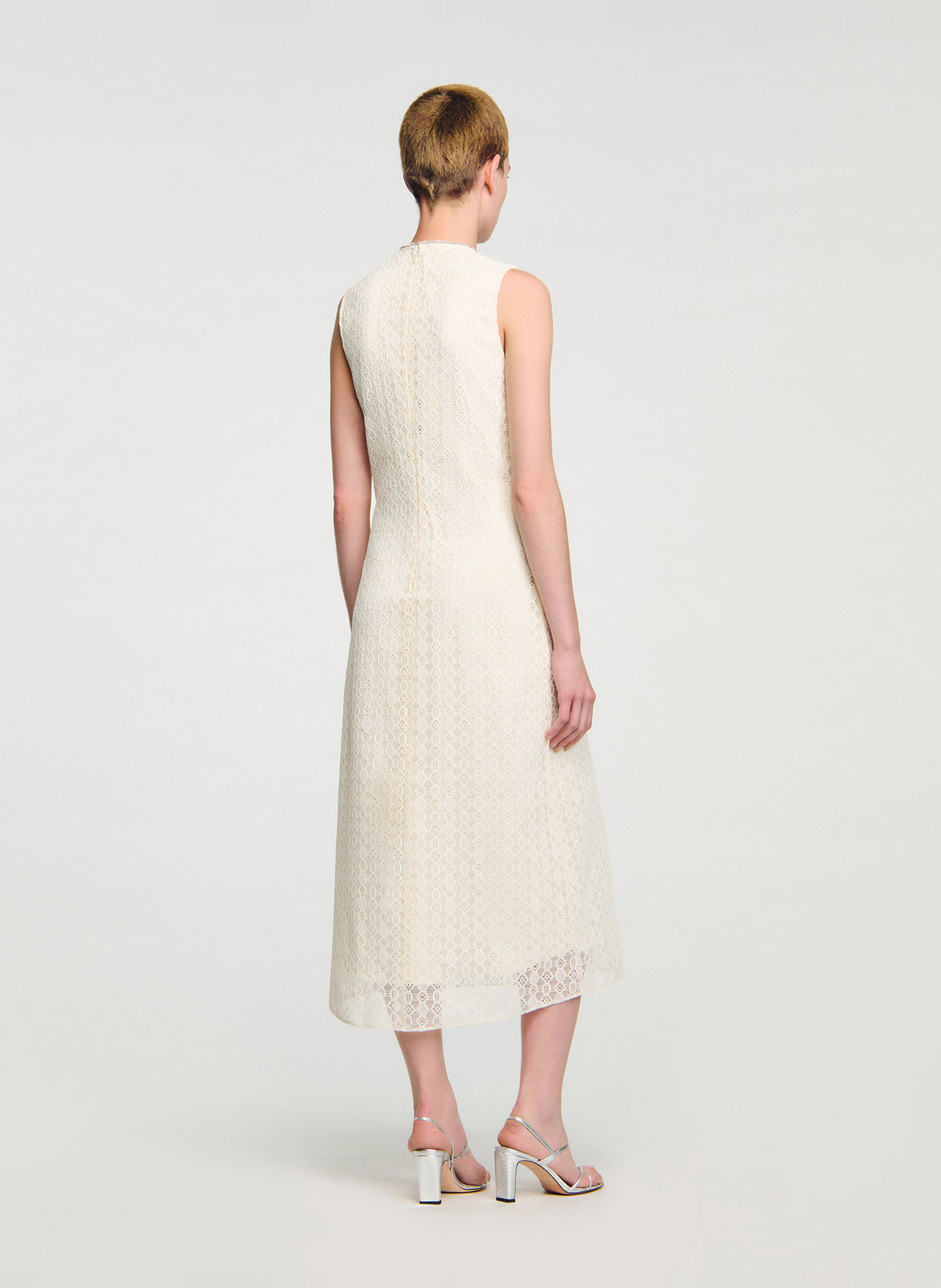 Robe longue col rond en dentelle SANDRO Blanc