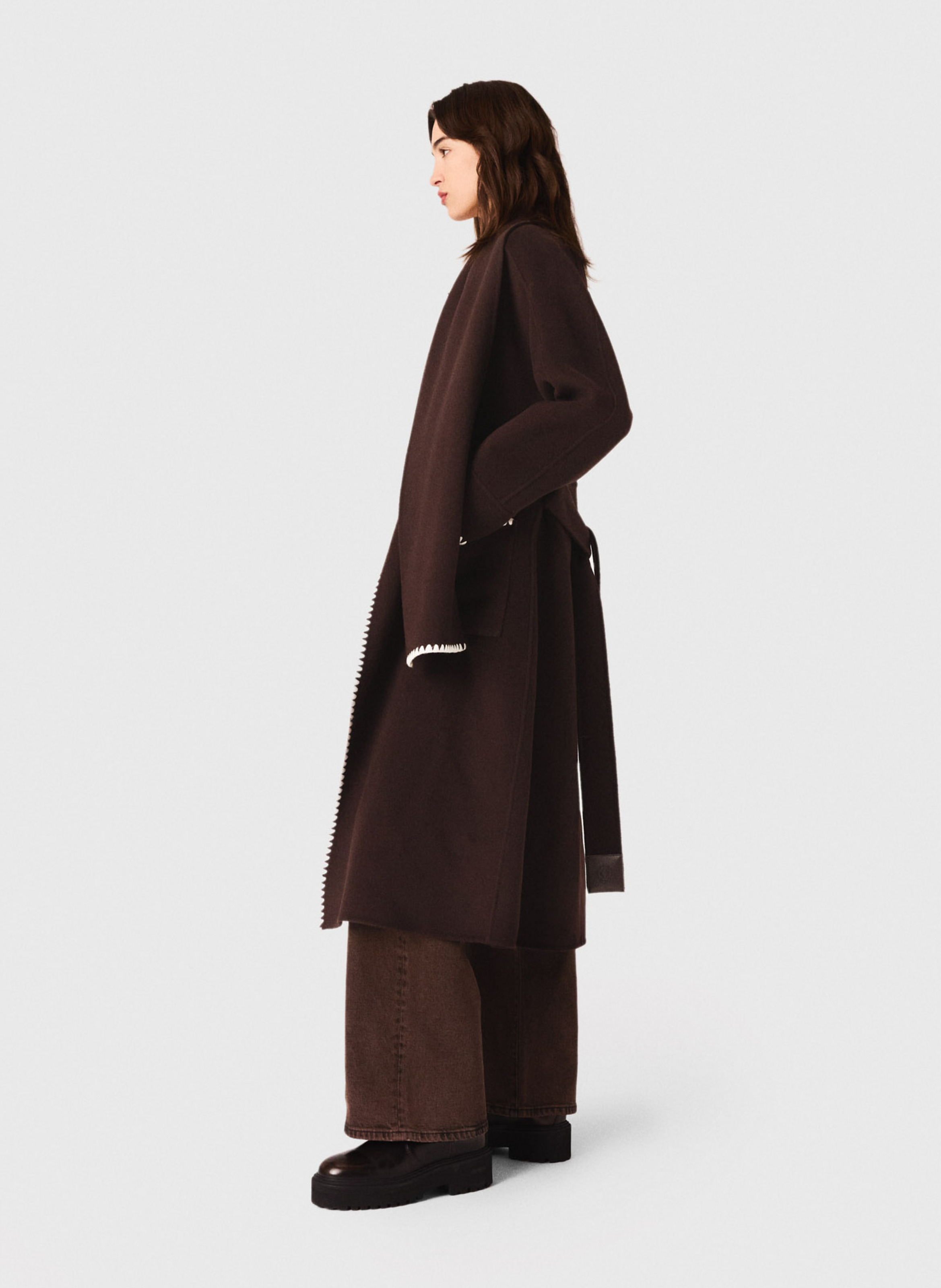 Manteau long double face brodé en laine mélangée MAJE Marron