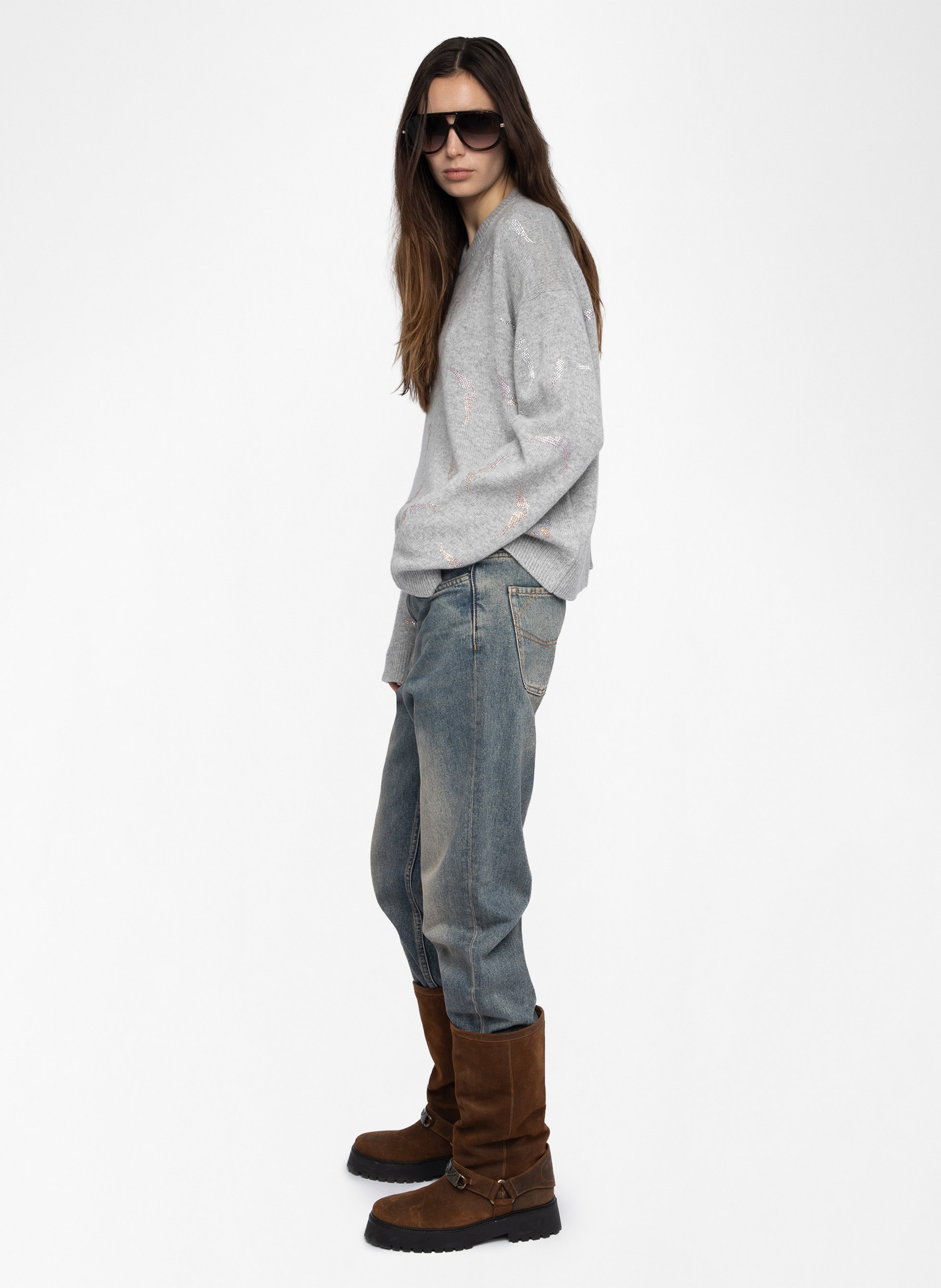 Pull droit col rond en cachemire imprimé markuz ZADIG&VOLTAIRE Gris