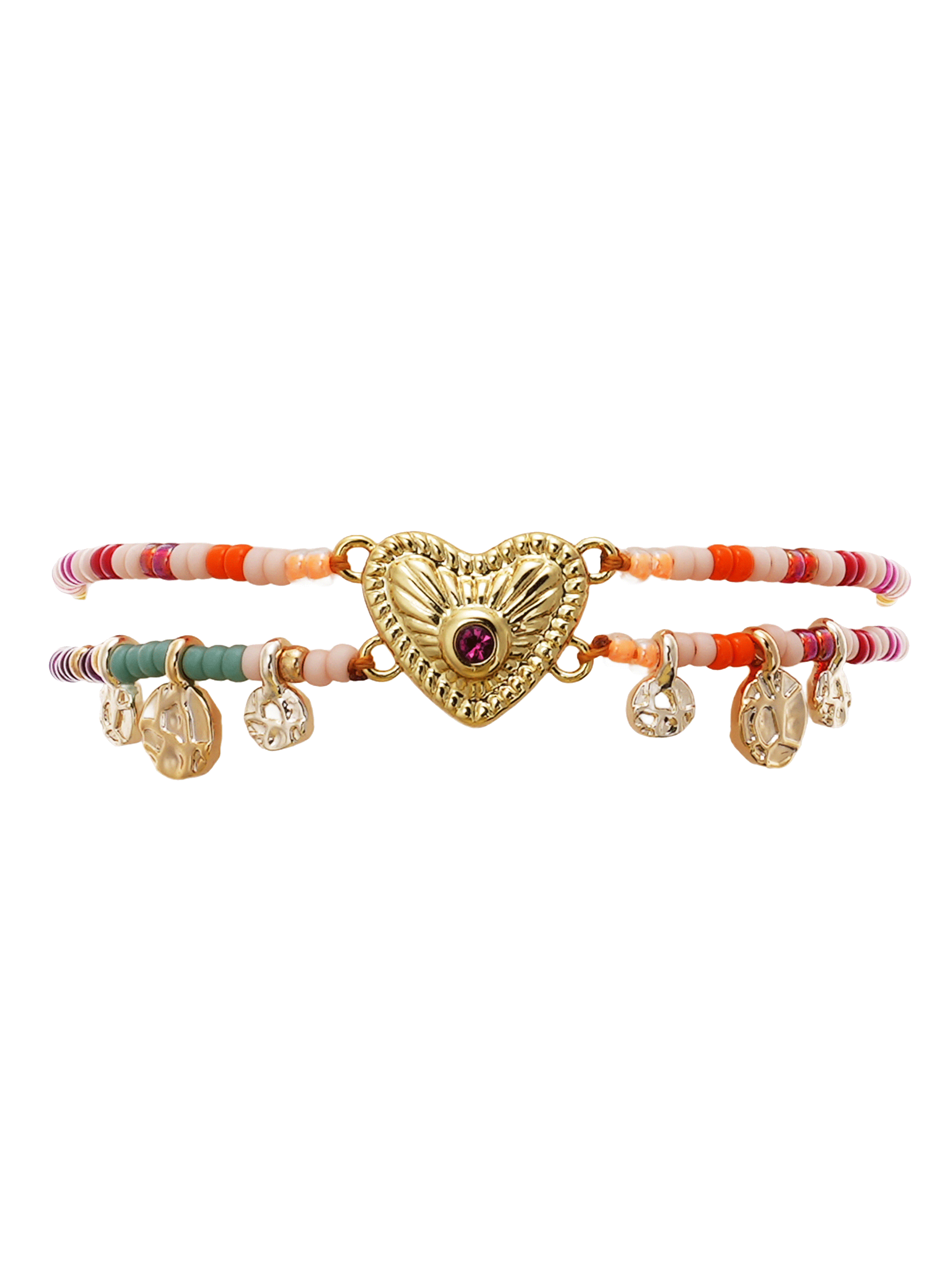 Bracelet multiliens réglable perles et pampilles avec cabochon cœur macanos HIPANEMA Rose