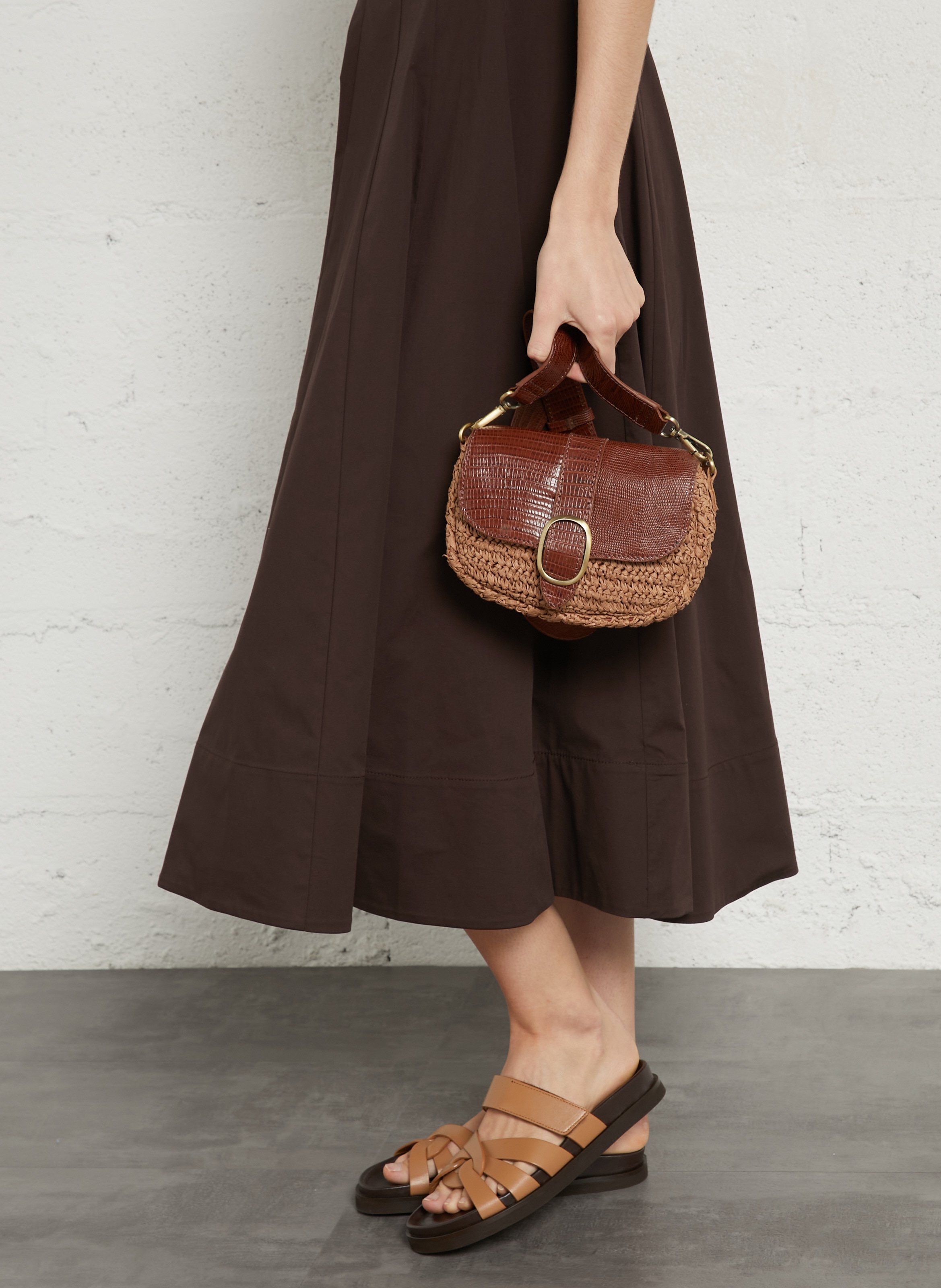 Sac bandoulière en cuir er raphia max mini MAISON 123 Marron