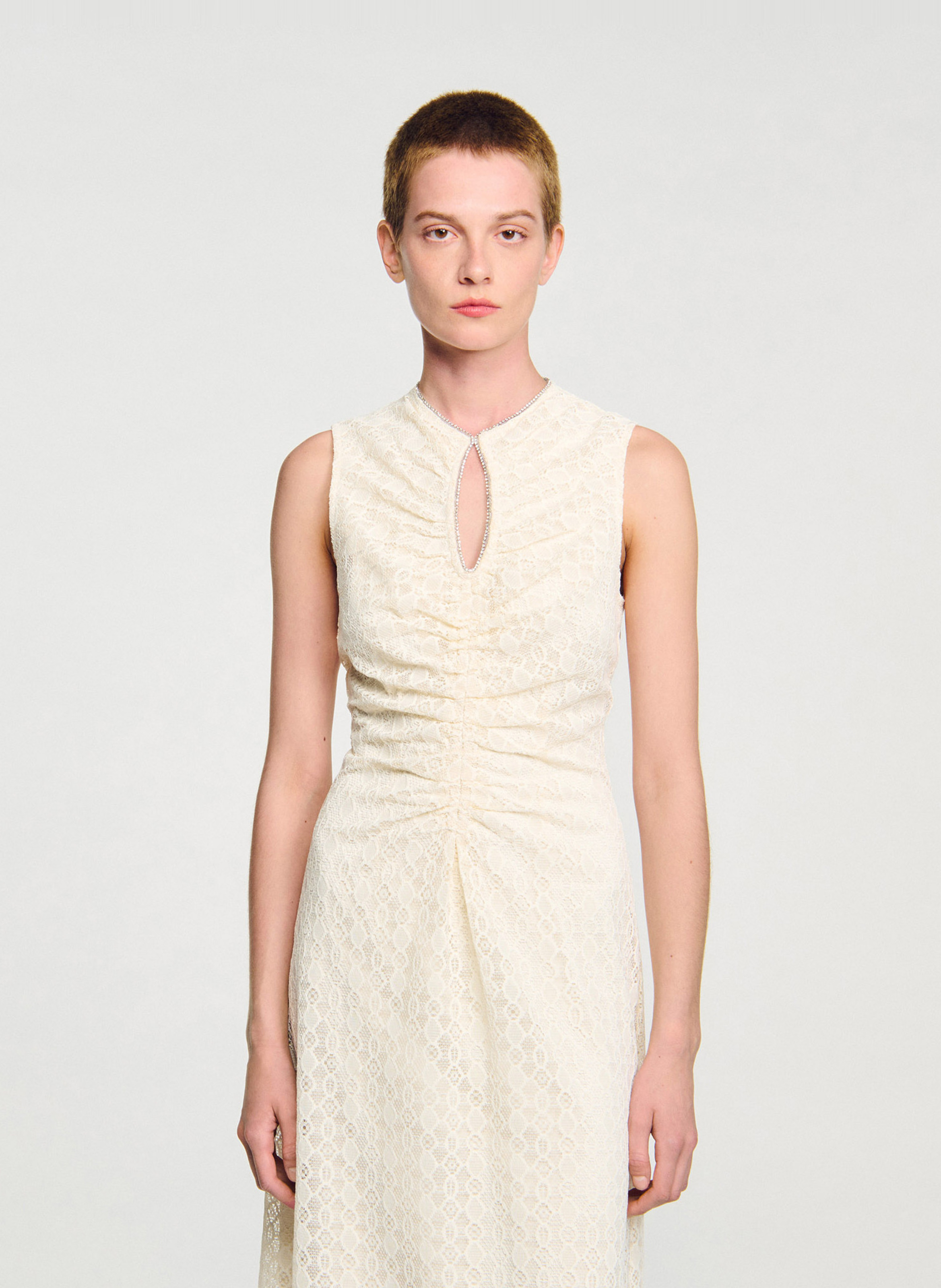 Robe longue col rond en dentelle SANDRO Blanc