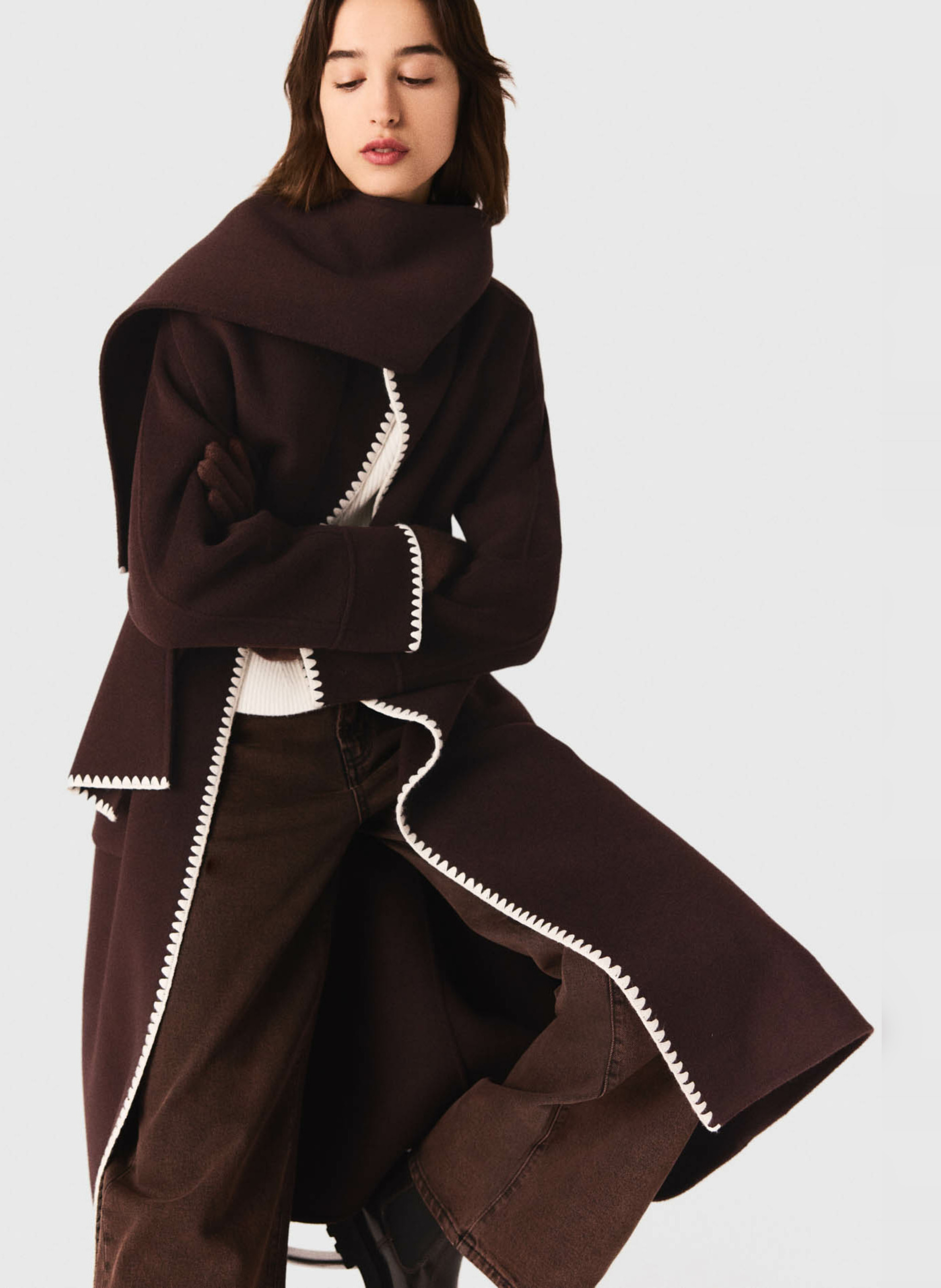 Manteau long double face brodé en laine mélangée MAJE Marron