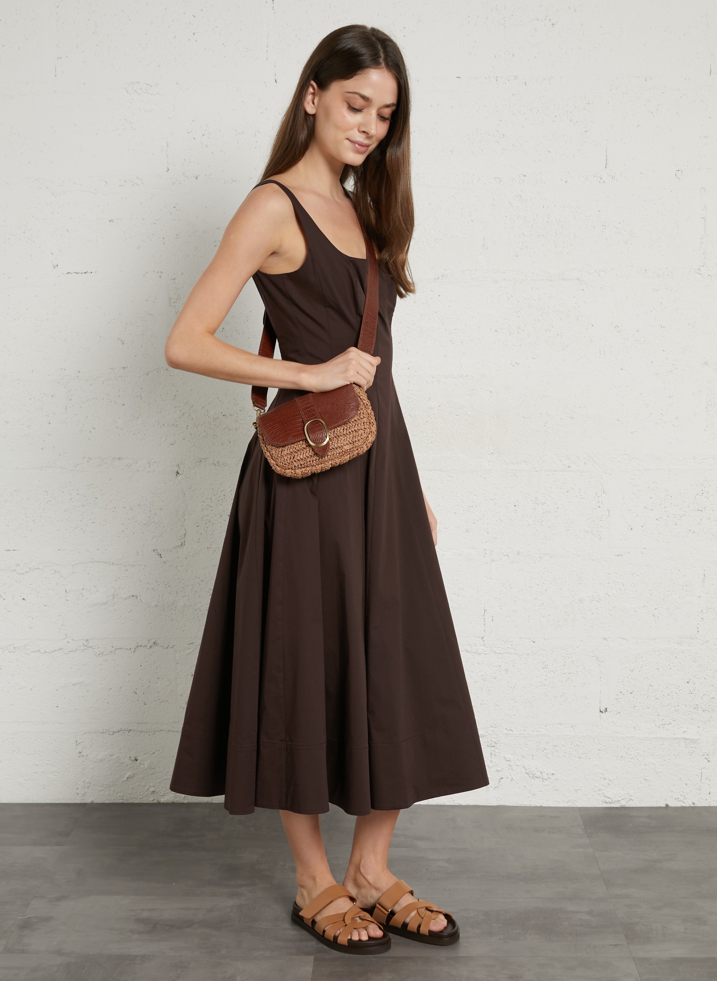 Sac bandoulière en cuir er raphia max mini MAISON 123 Marron