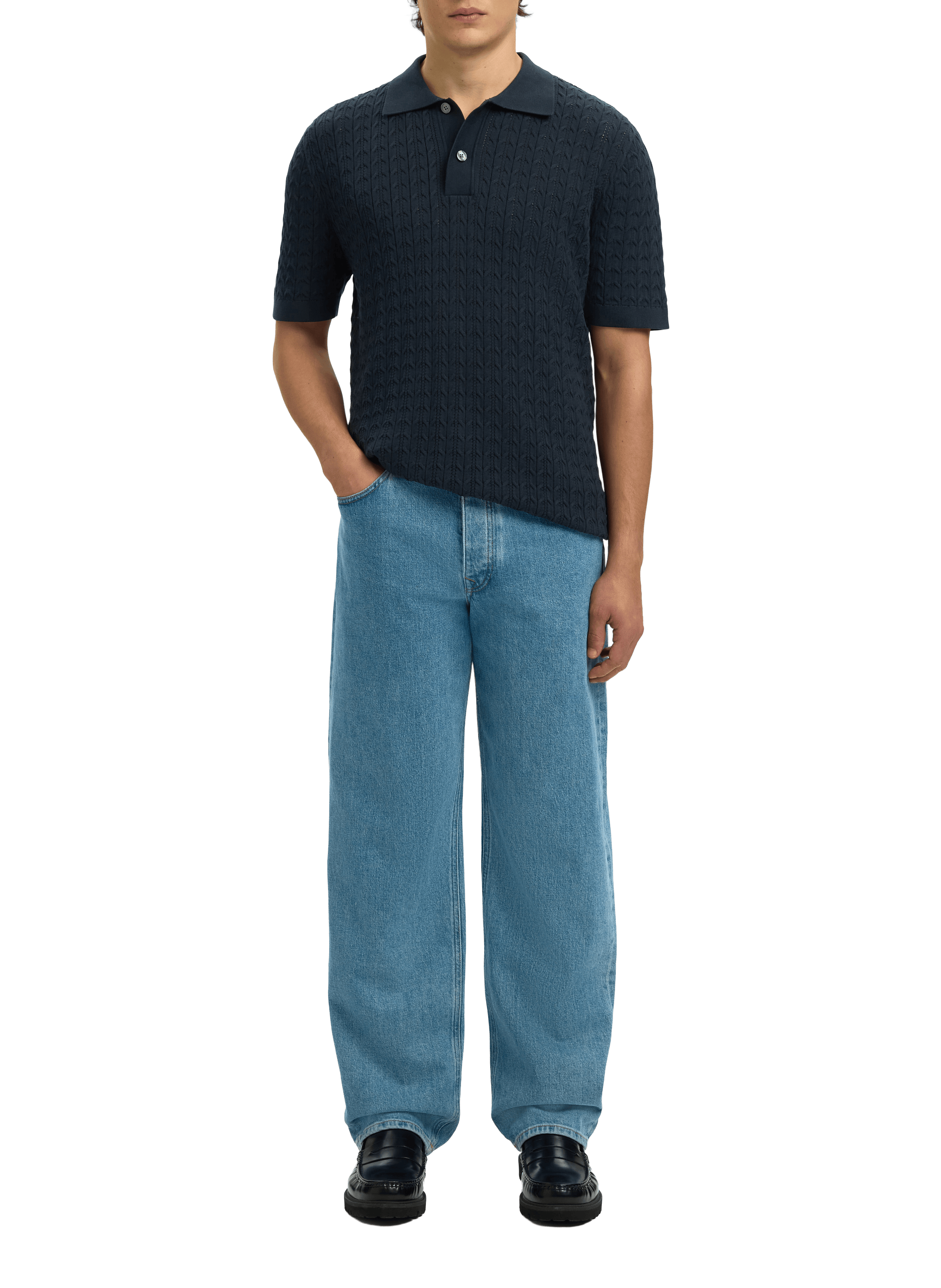 Short-sleeved cotton knit polo SELECTED Blue