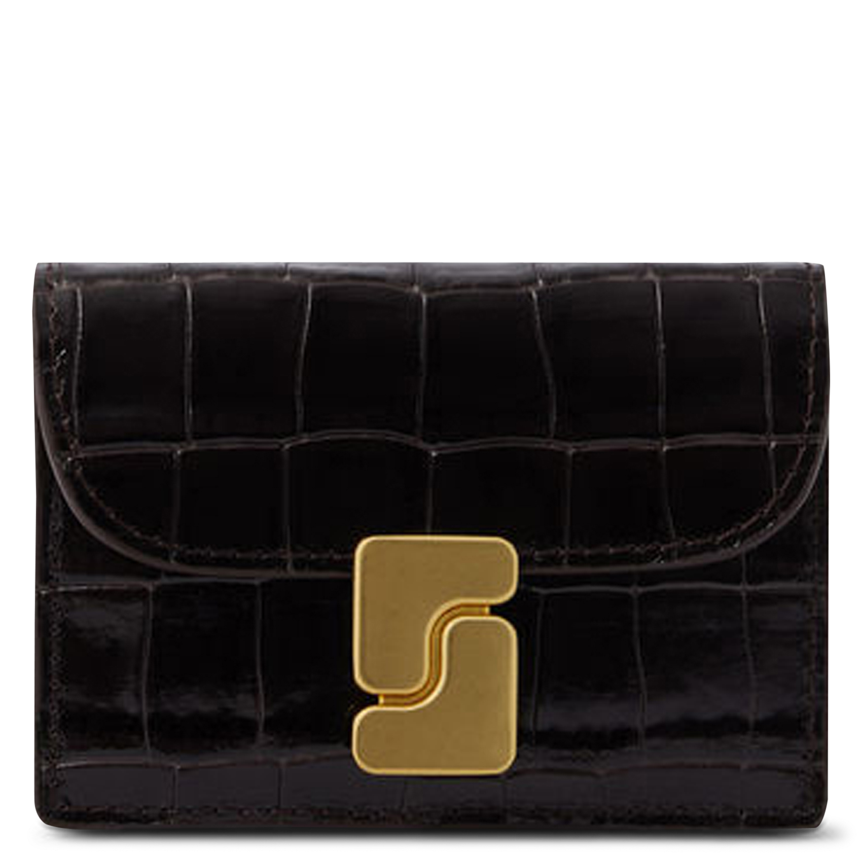 Porte-cartes à rabat en cuir embossé croco Aube SOEUR Marron