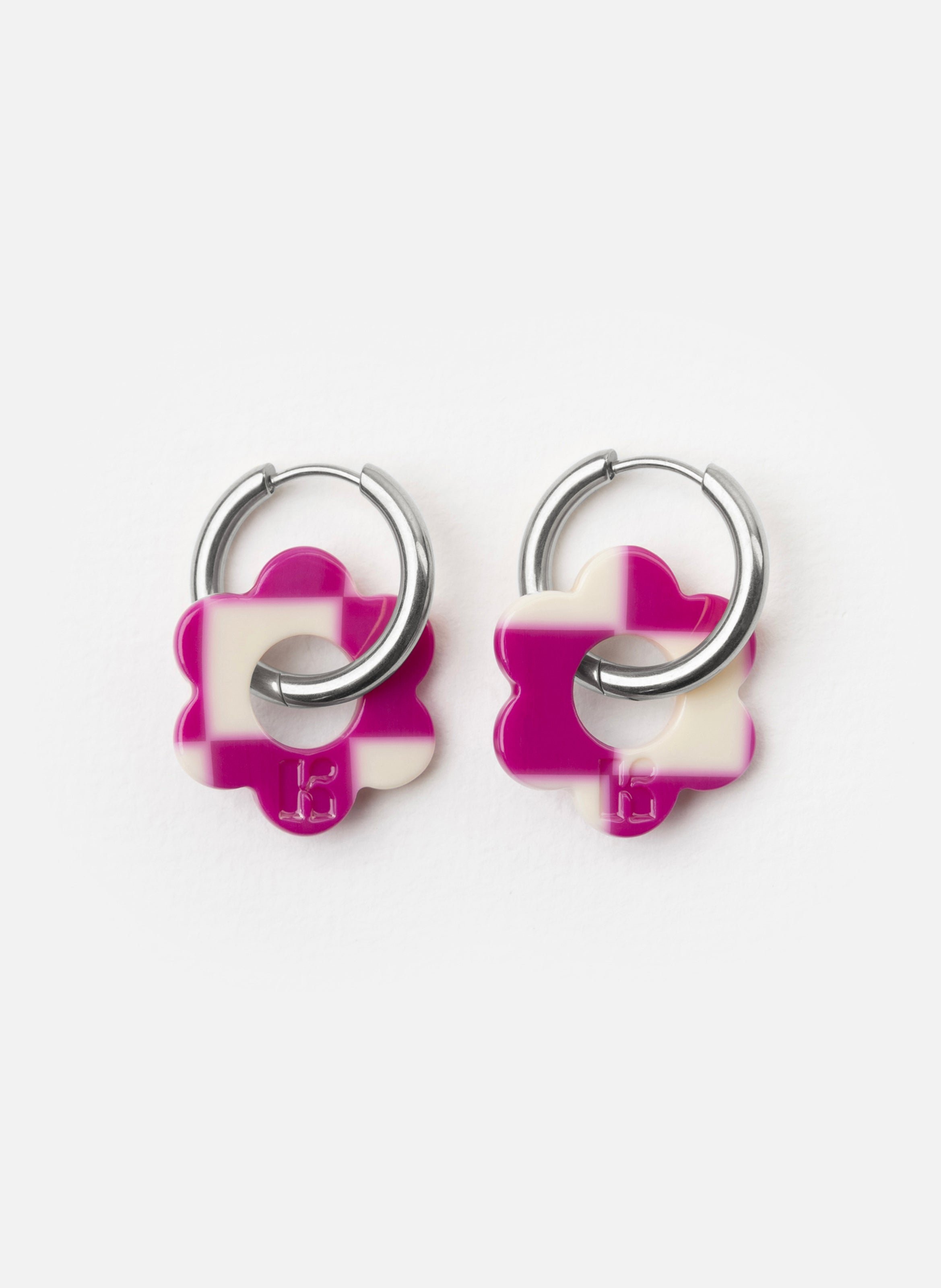 Boucles d'oreilles baby fleurette avec anneaux en acier inoxydable argenté  Carreaux