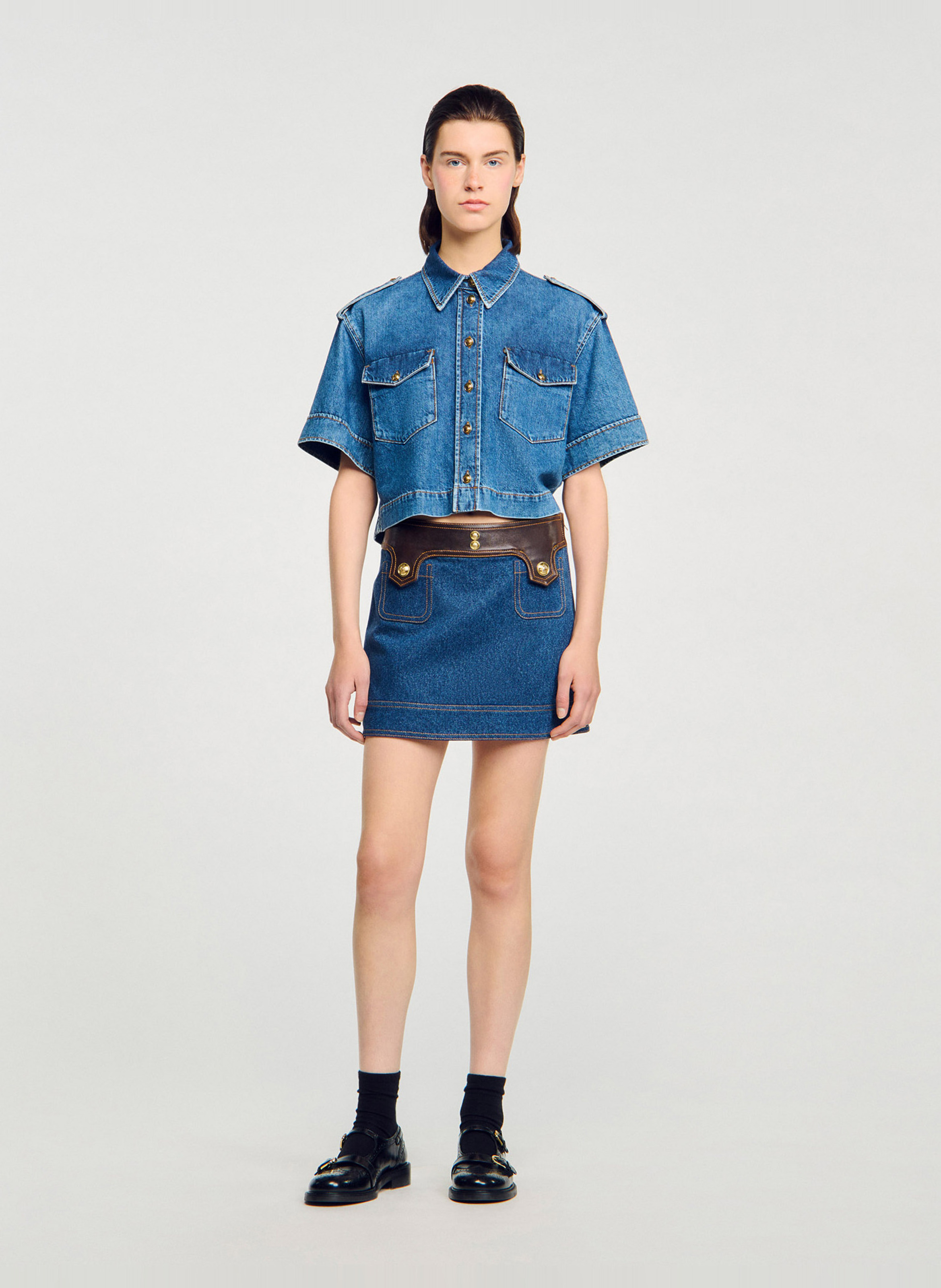 Jupe courte en denim de coton SANDRO Bleu