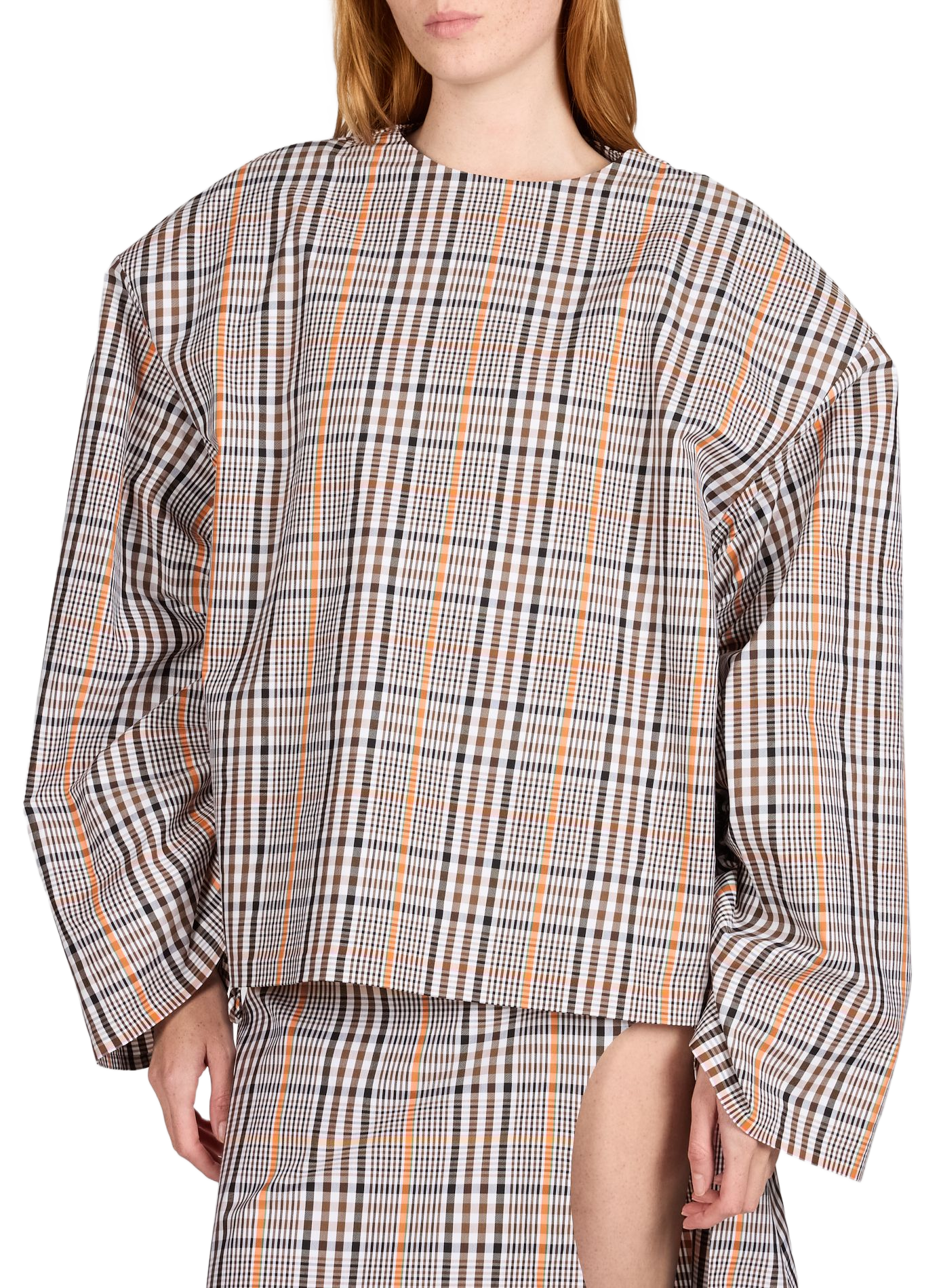 Blusa corta a cuadros con mangas voluminosas en mezcla de algodón. A.W.A.K.E. MODE Marrón