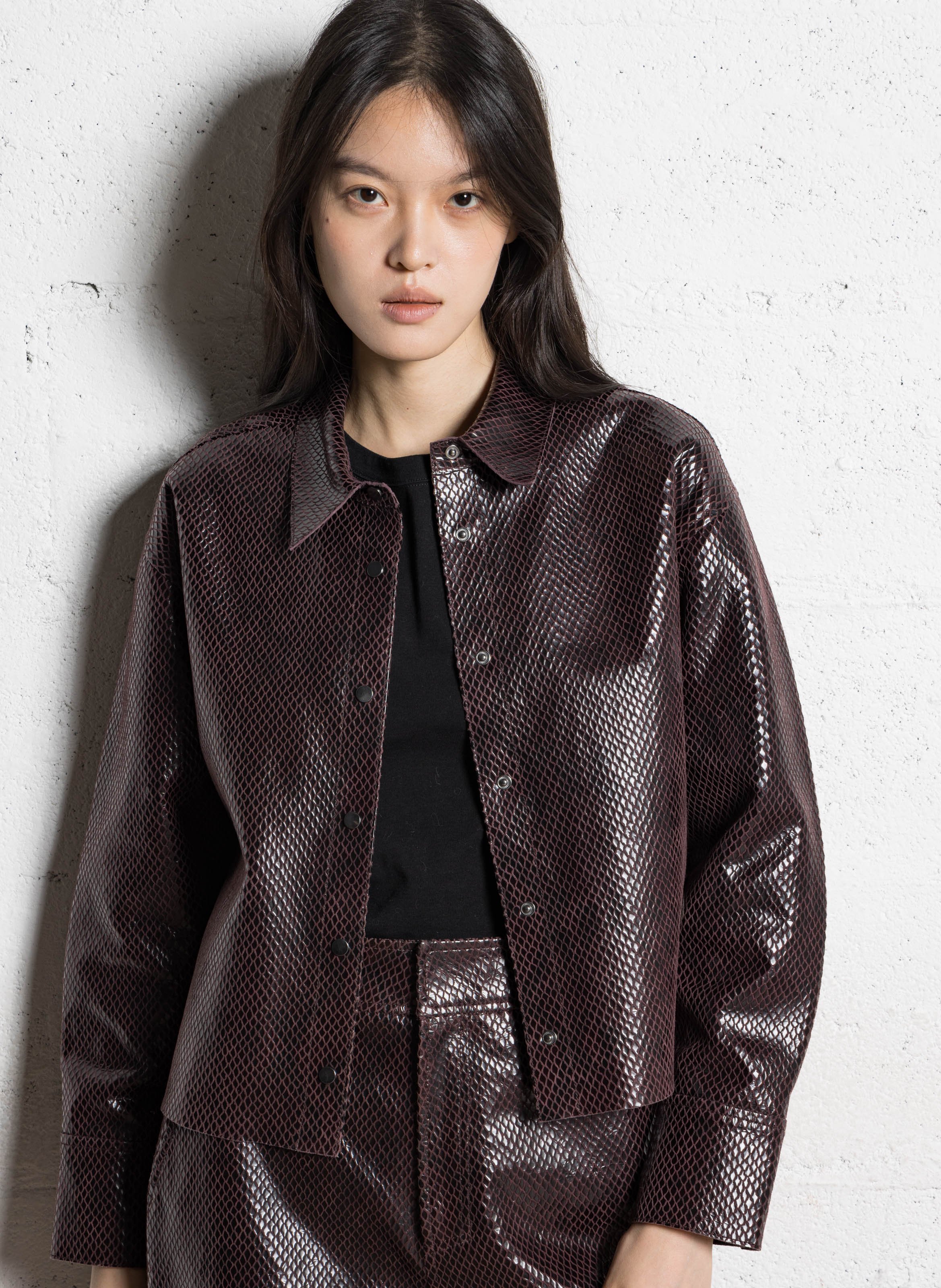 Veste droite col classique en cuir IKKS Violet