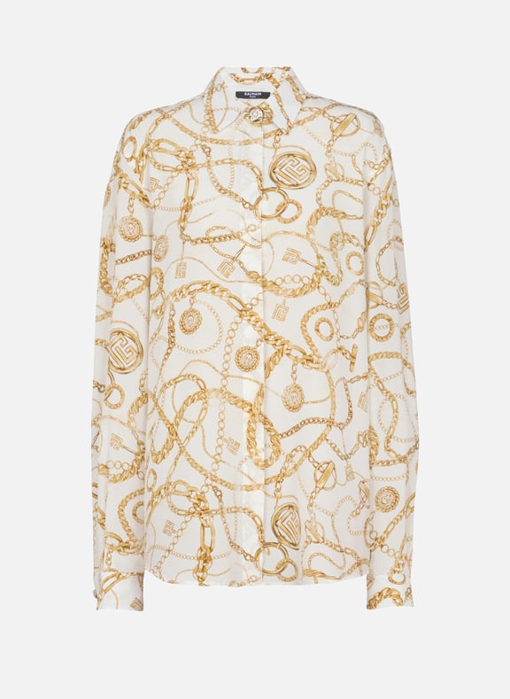 Chemise en soie imprimée motif balmain chaînes Doré by BALMAIN BALMAIN Chemise en soie imprimée motif balmain chaînes Doré