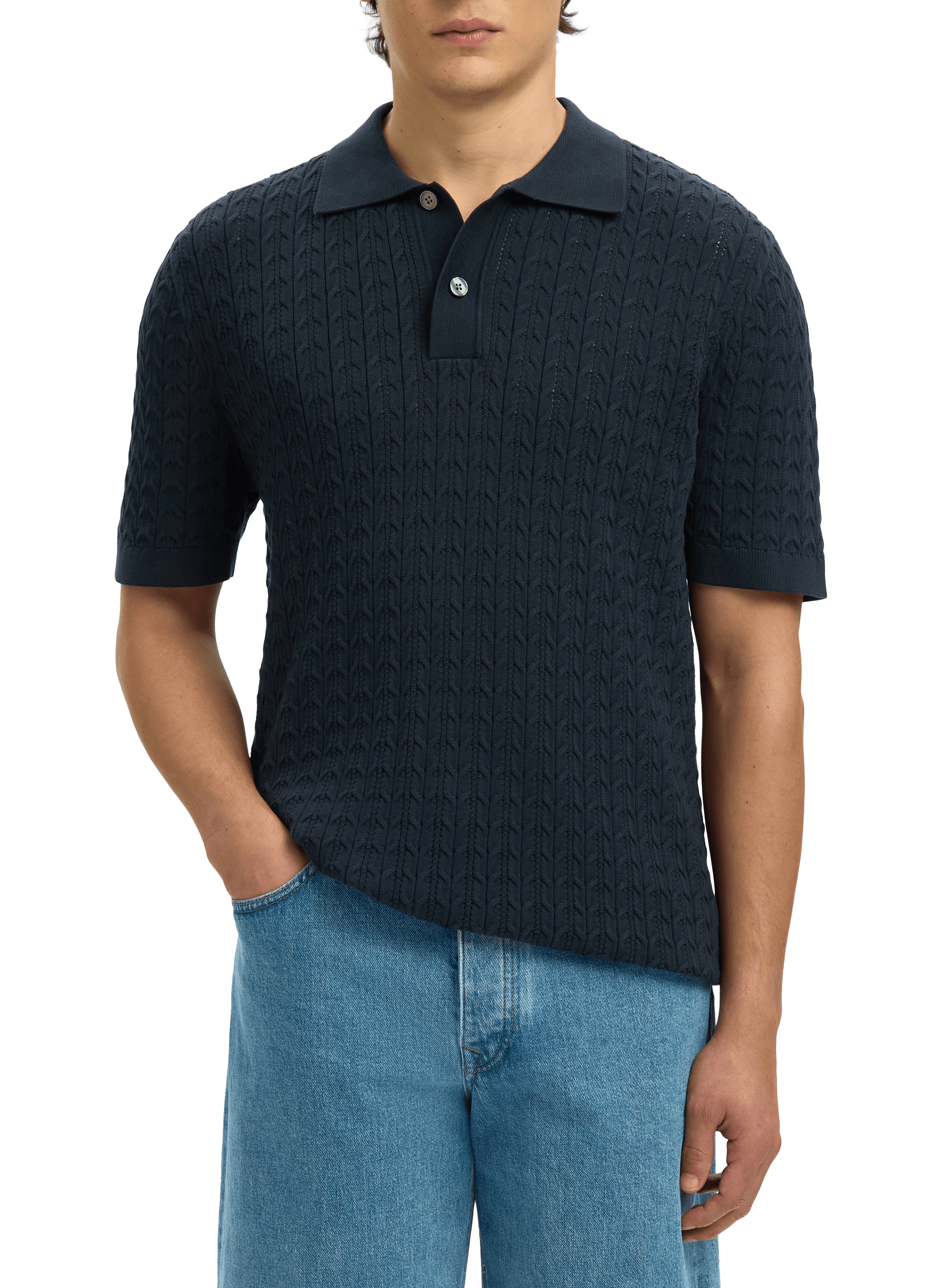 Short-sleeved cotton knit polo SELECTED Blue
