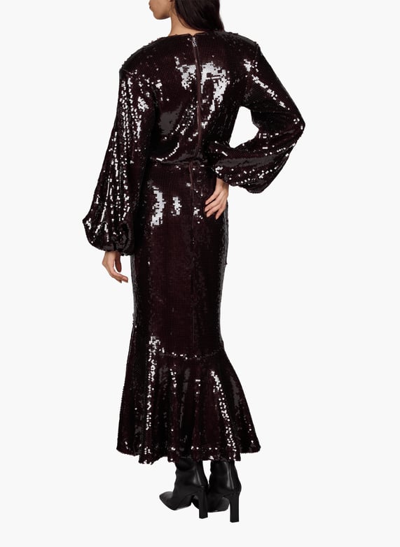 rotate brown sequin dress ROTATE BIRGER CHRISTENSEN Sequins V-neck Maxi Dress | Brown