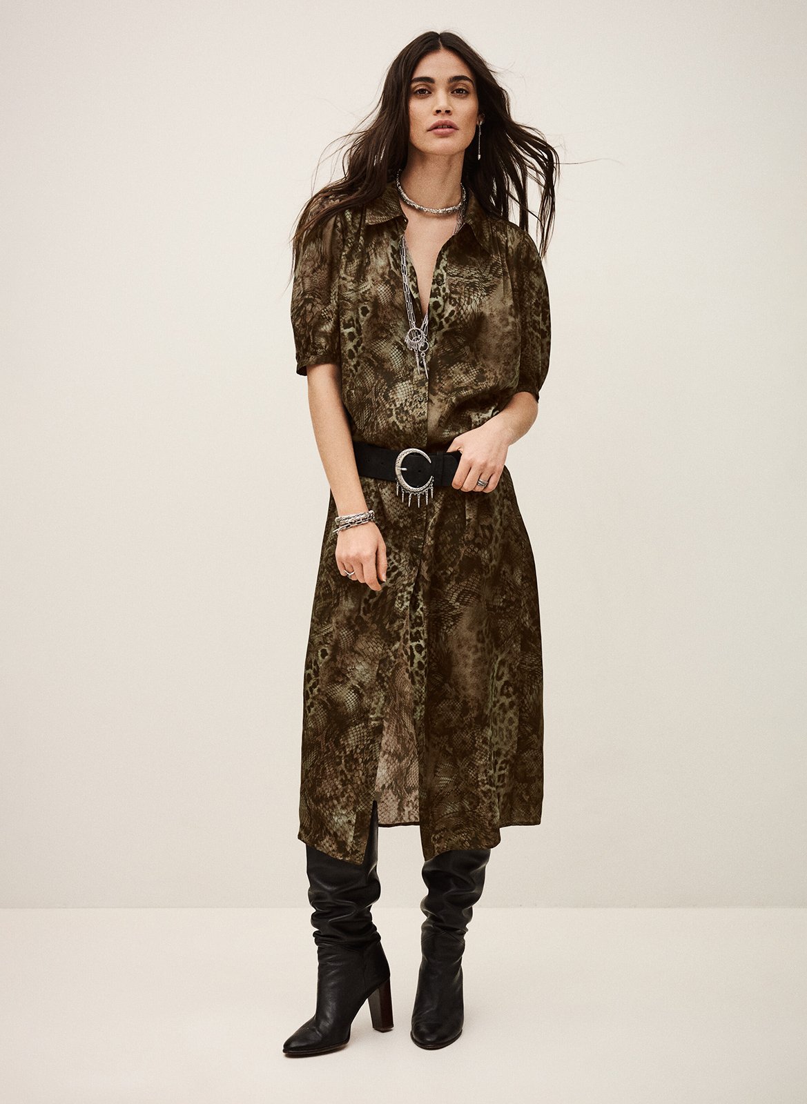 Robe longue col classique imprimée corma BA&SH Kaki