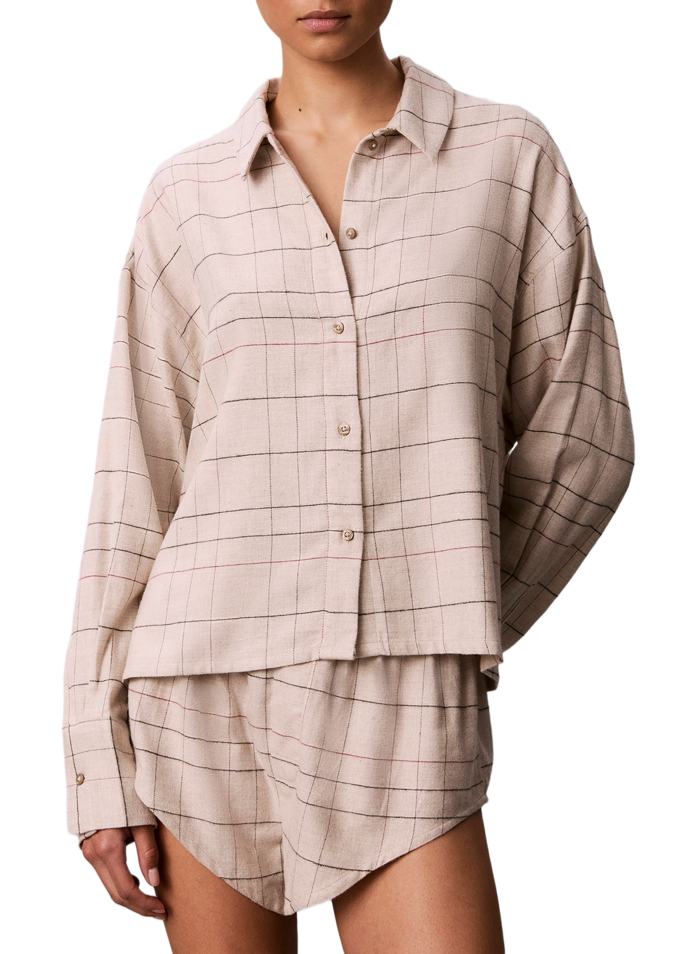 Pyjamaoberteil aus Baumwollmischgewebe mit Karomuster CALVIN KLEIN Beige