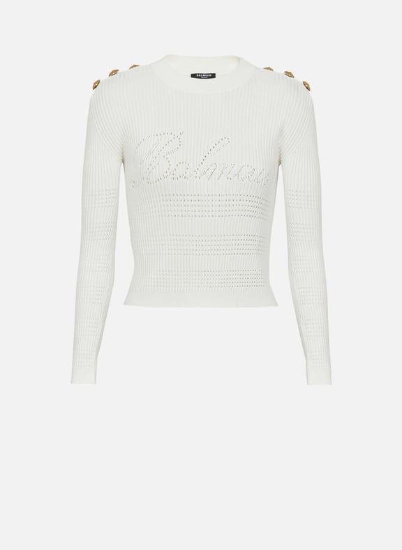 Pull balmain signature en maille Blanc by BALMAIN BALMAIN Pull balmain signature en maille Blanc