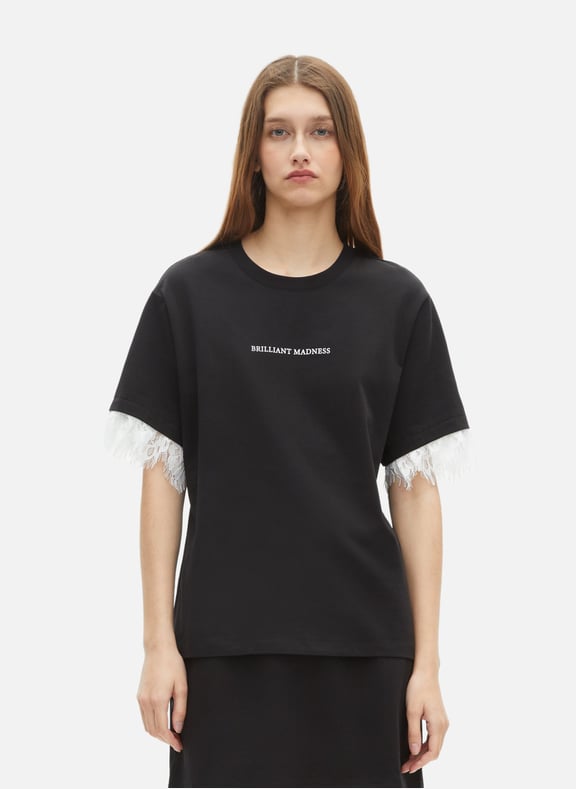 T-shirt avec sérigraphie et dentelle Noir by THE KOOPLES THE KOOPLES T-shirt avec sérigraphie et dentelle Noir