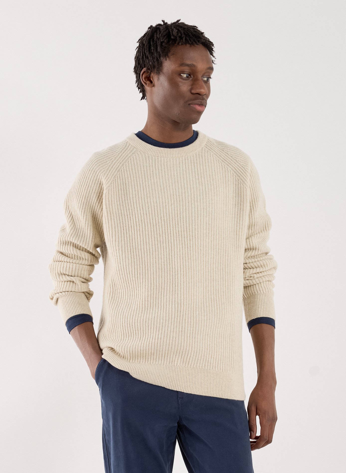 Pull côtelé à col rond en laine mérinos et coton mélangés DOCKERS Beige