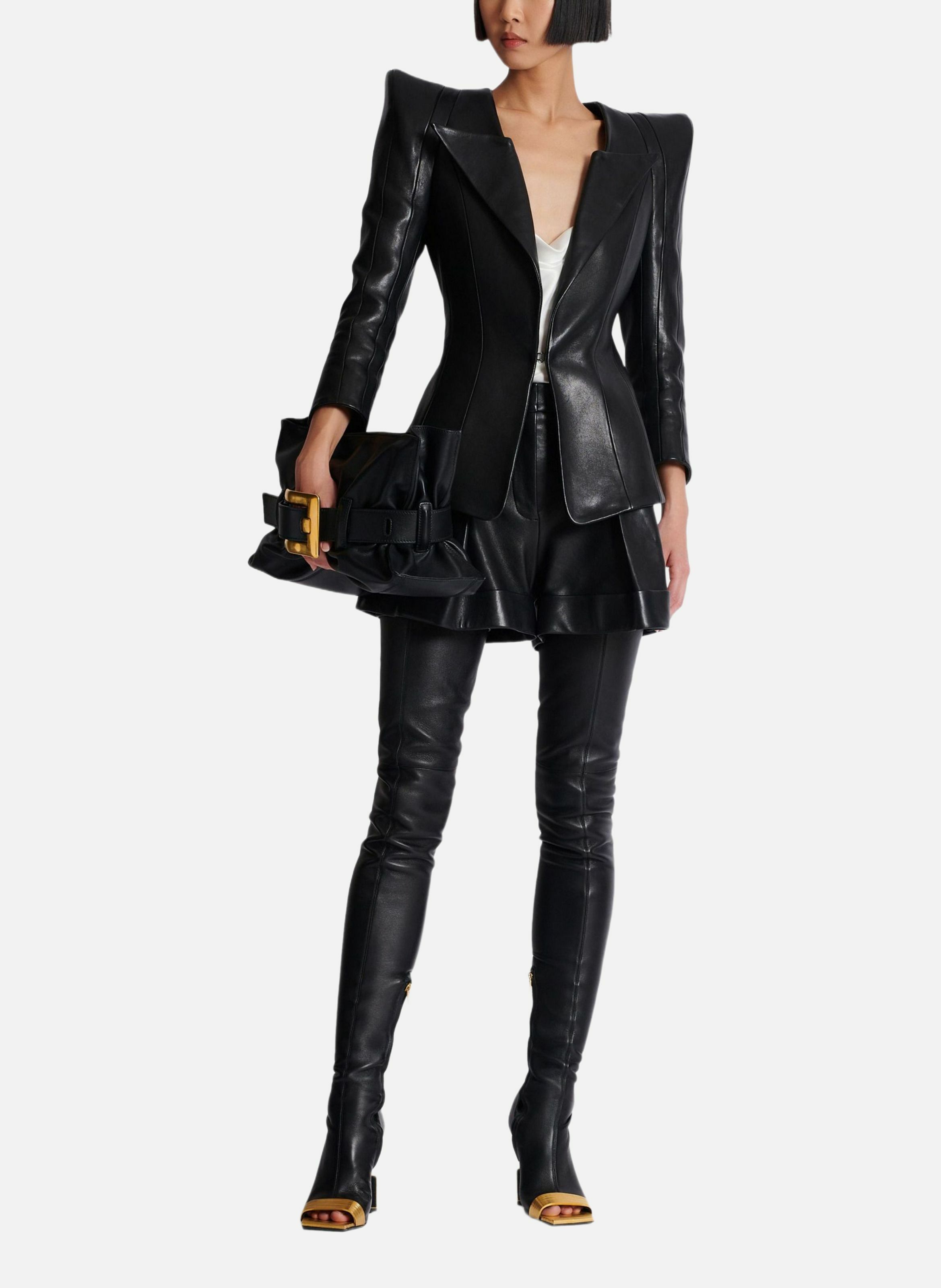 Short à plis en cuir d'agneau BALMAIN Noir