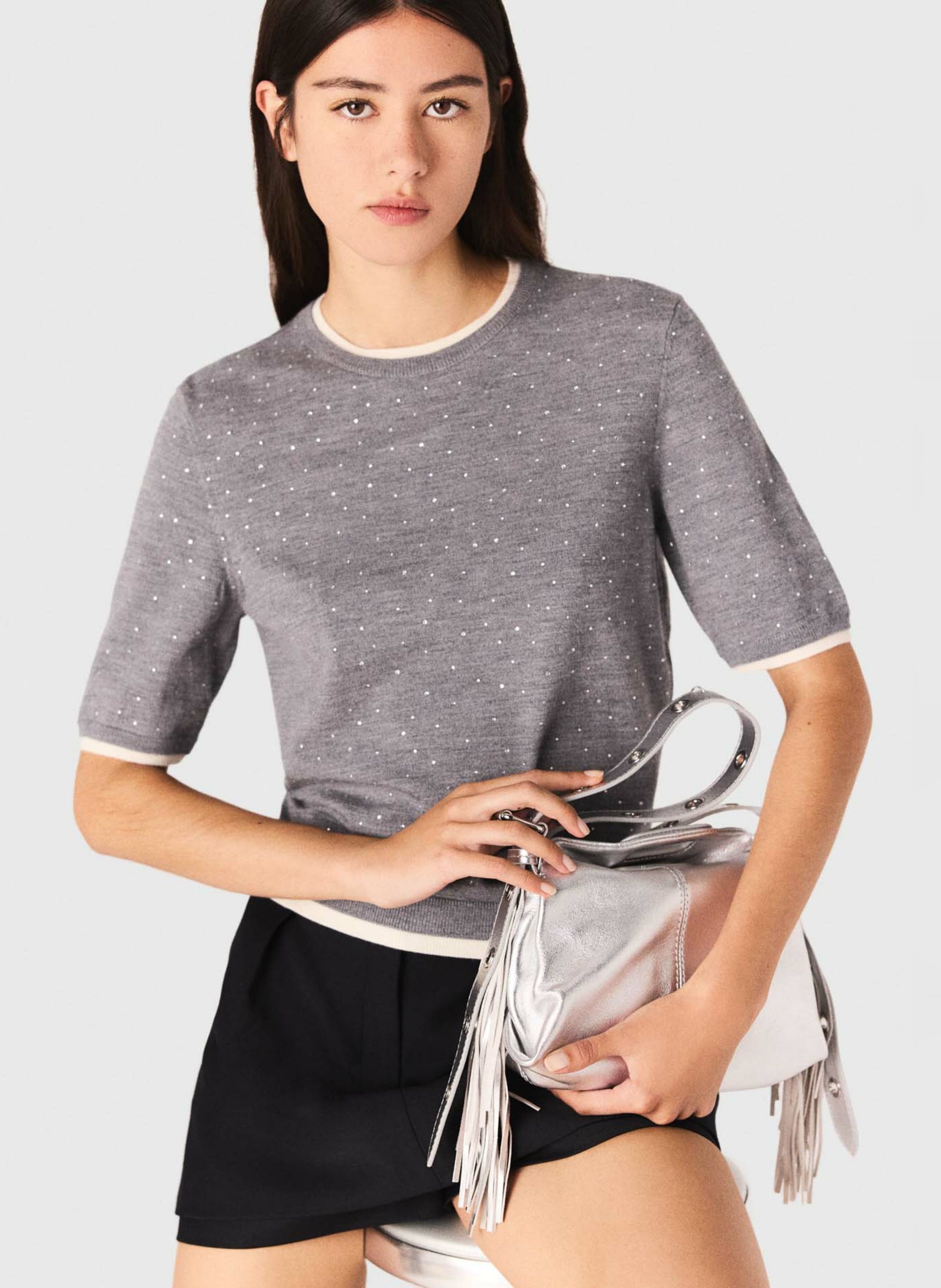 Pull col rond en laine mélangée Gris