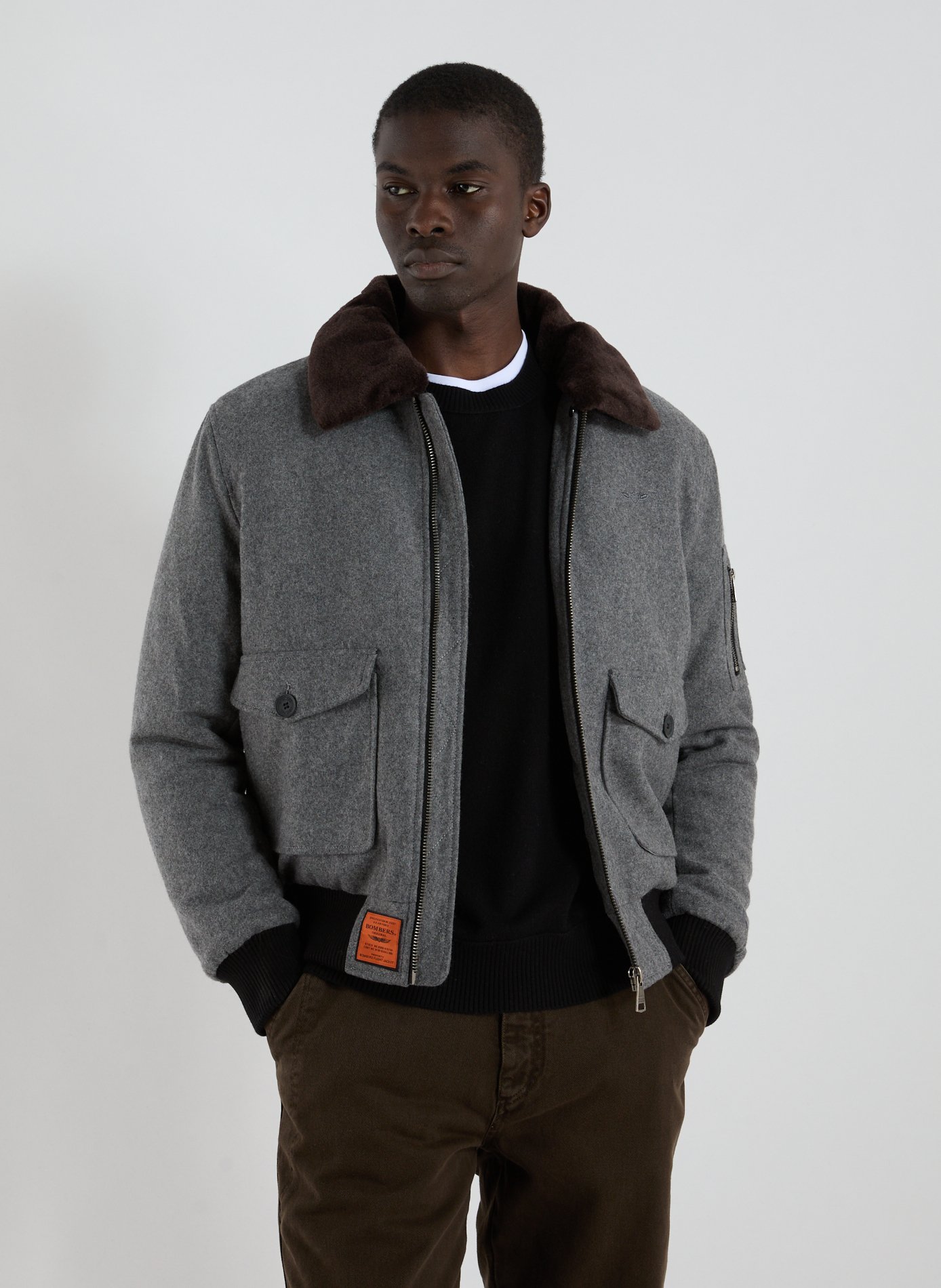 BOMBERS ORIGINAL Veste ample à col contrasté en laine mélangée Gris