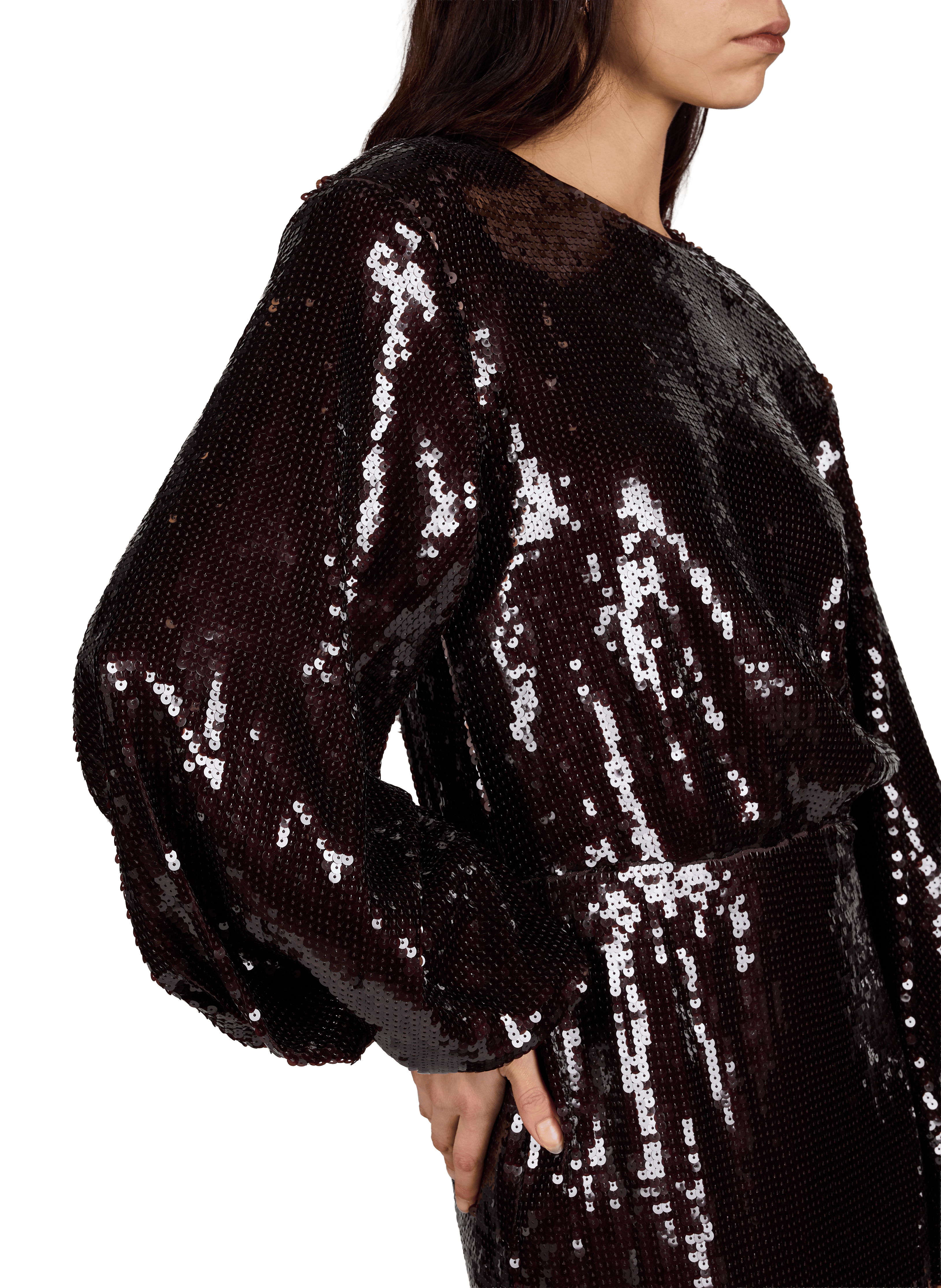 Robe longue à col rond à sequins ROTATE Marron