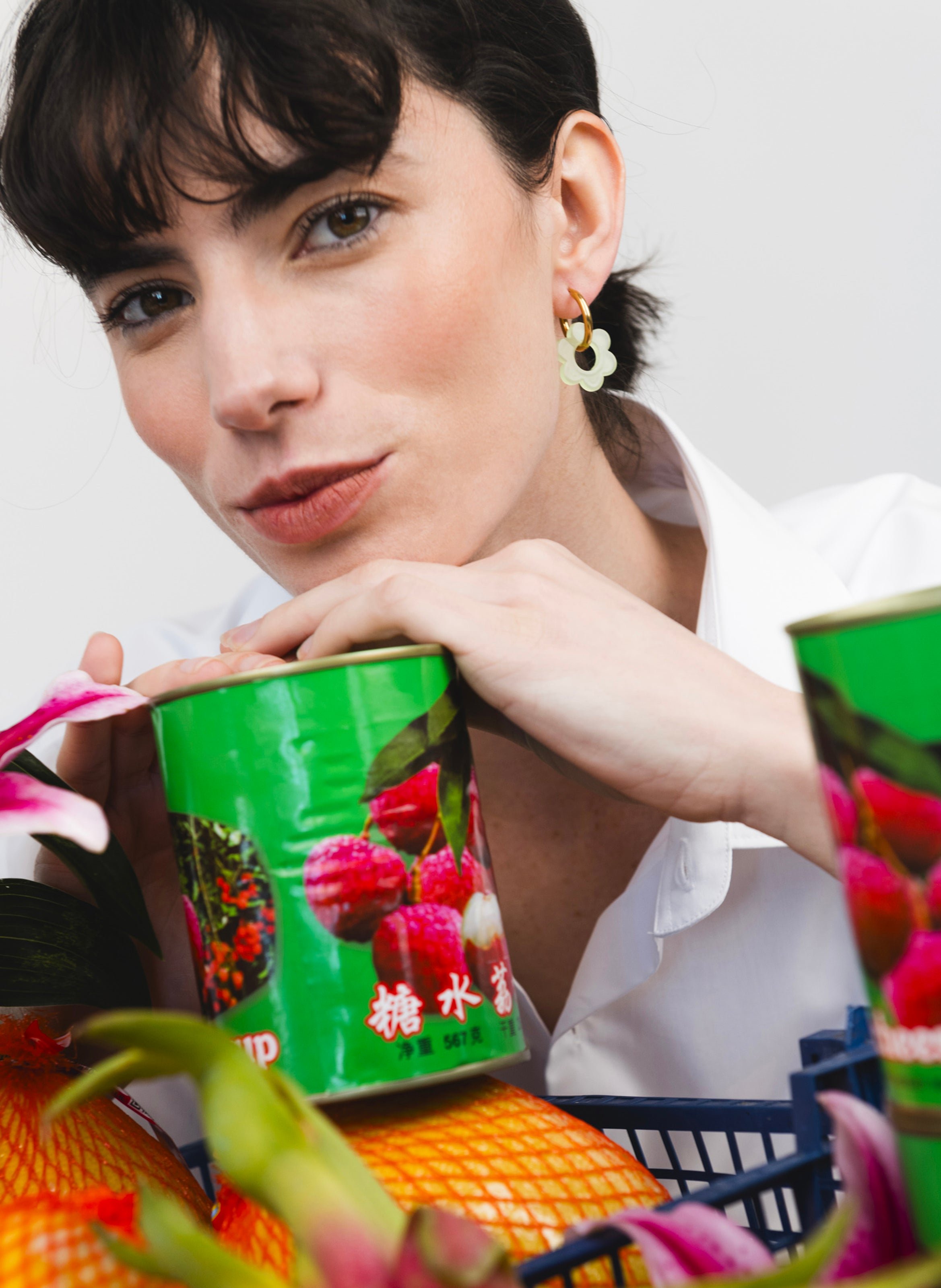 Boucles d'oreilles Baby Fleurette avec anneaux en acier inoxydable argenté KURAGE GINZA Vert