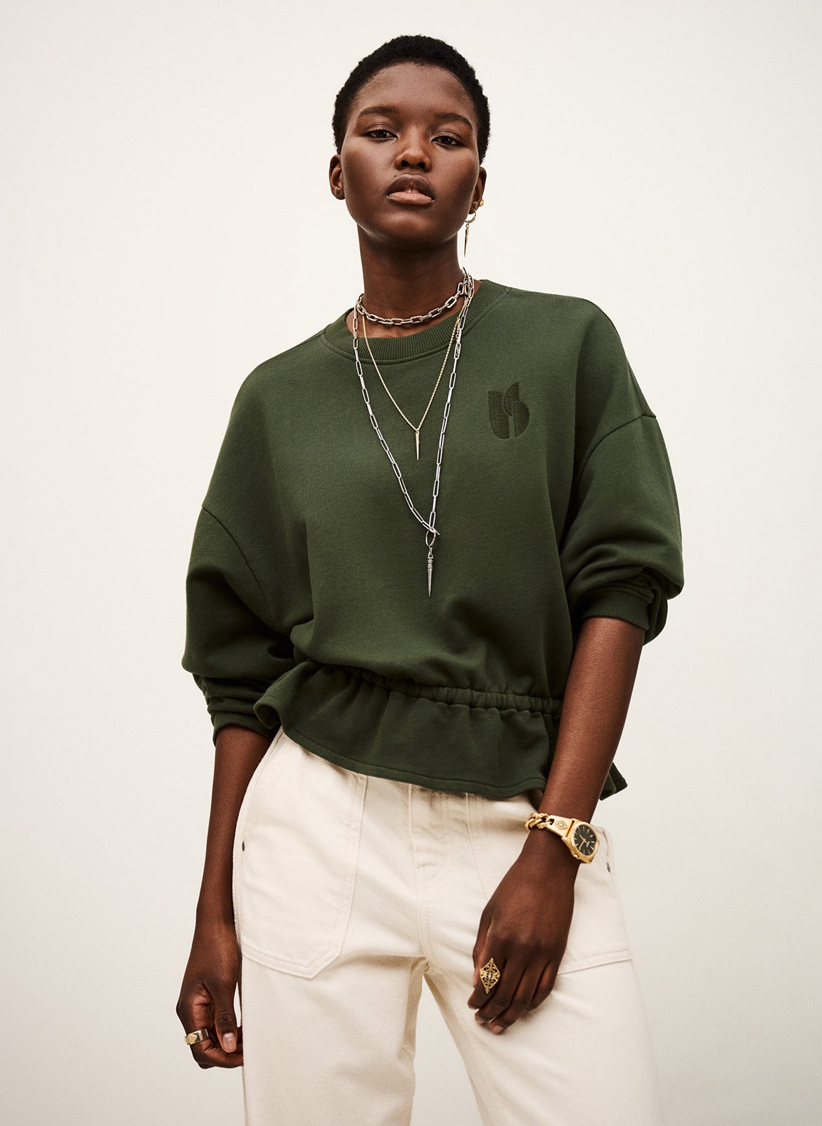 Sweat col rond en coton mélangé gretta BA&SH Kaki