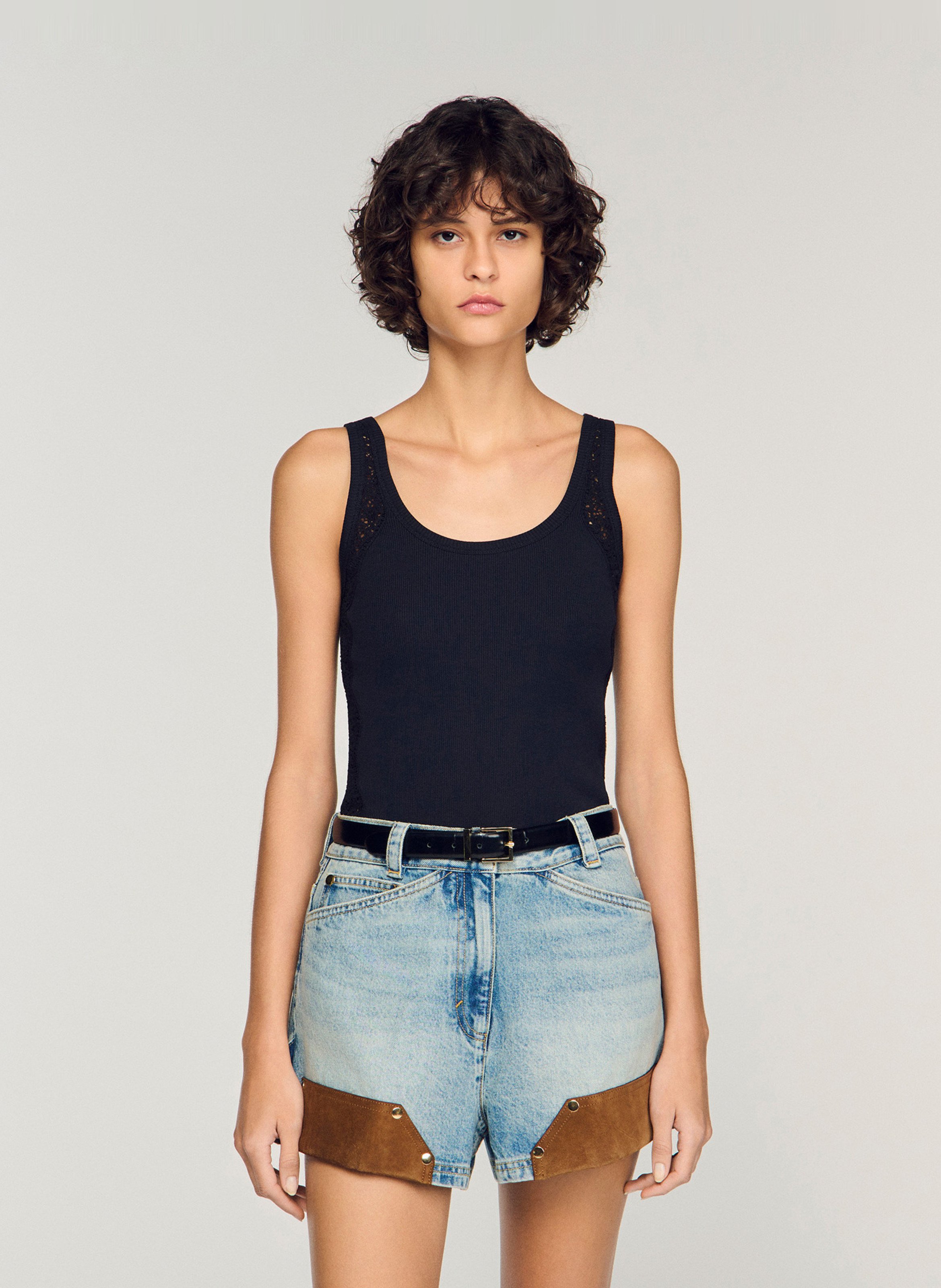 Débardeur col rond brodé en coton SANDRO Noir