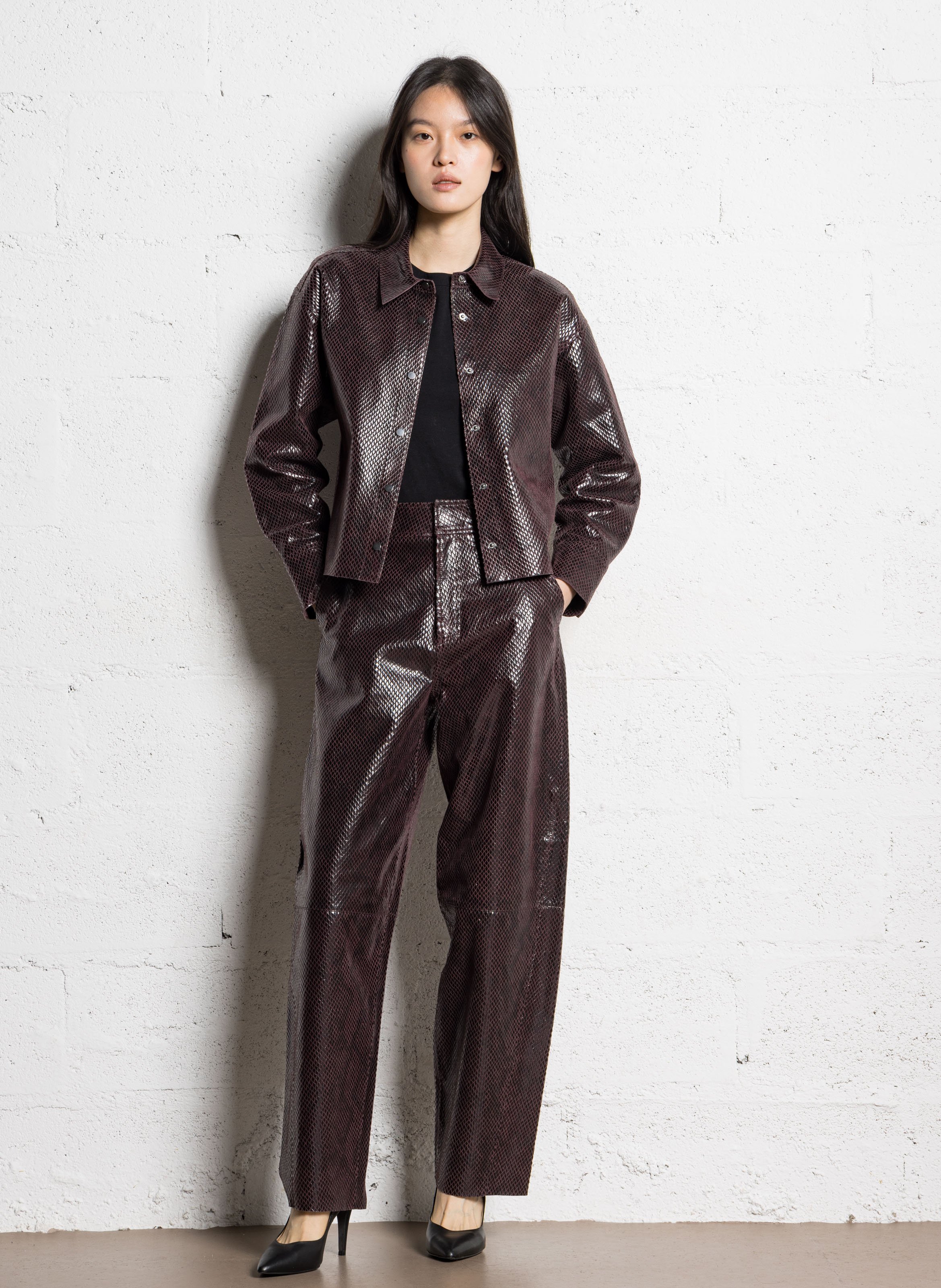 Veste droite col classique en cuir IKKS Violet