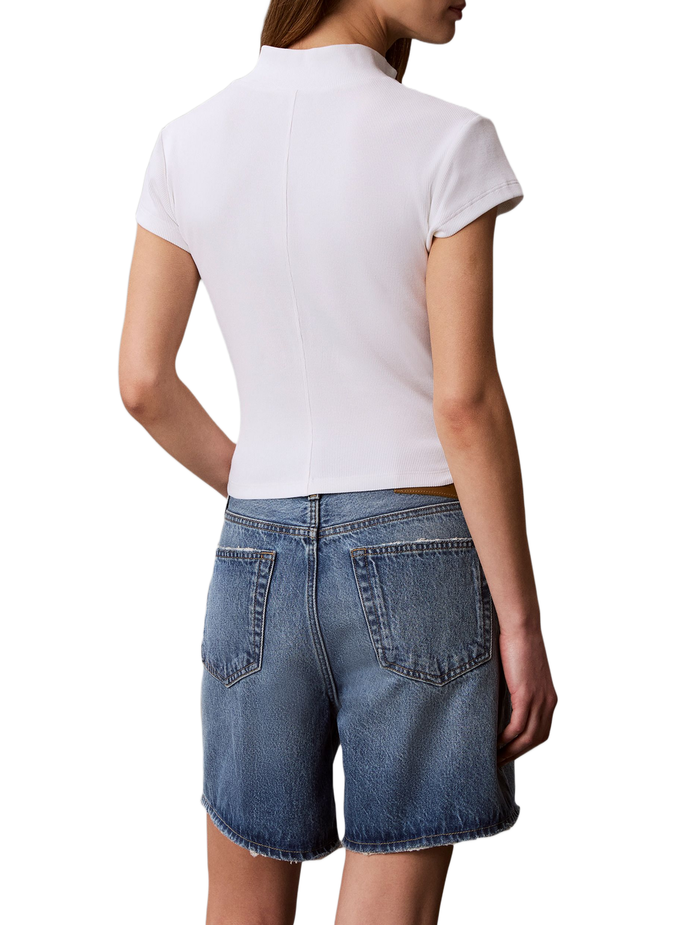 T-shirt court côtelé à zip en coton mélangé CALVIN KLEIN Blanc