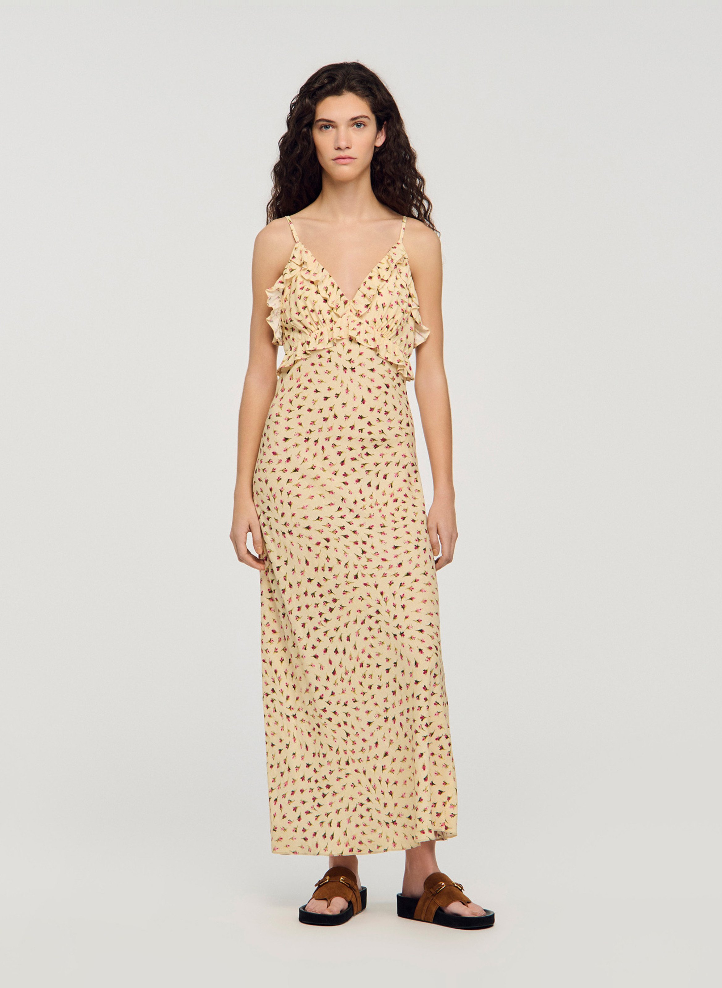 Robe longue col v imprimée SANDRO Beige