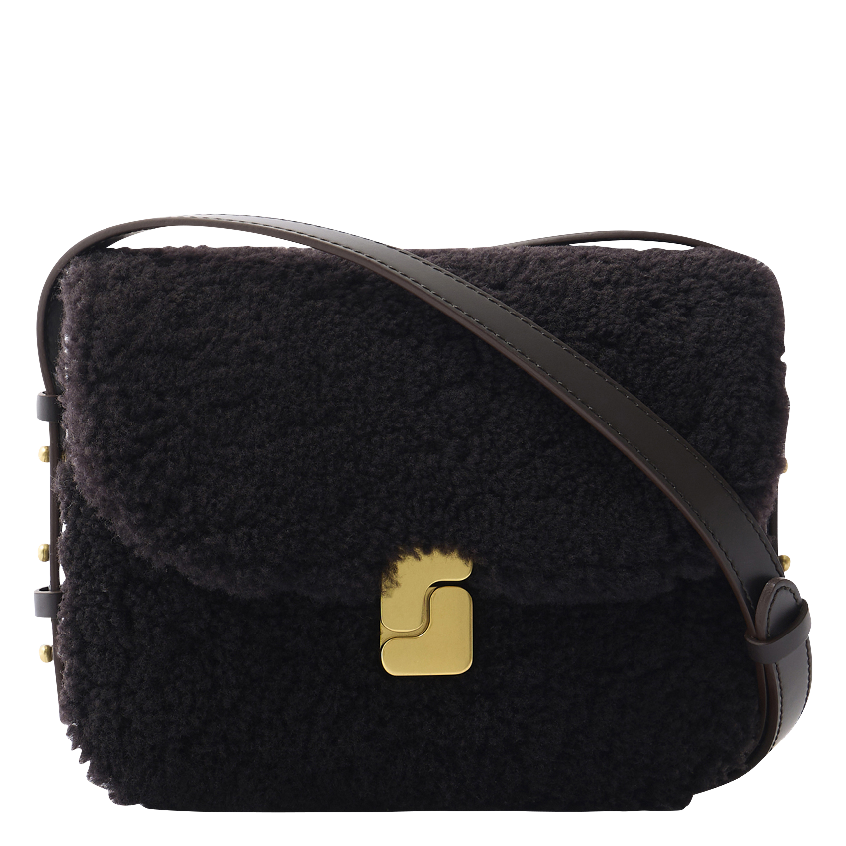 Sac bi-matière en cuir glacé et shearling bellissima mini SOEUR Marron