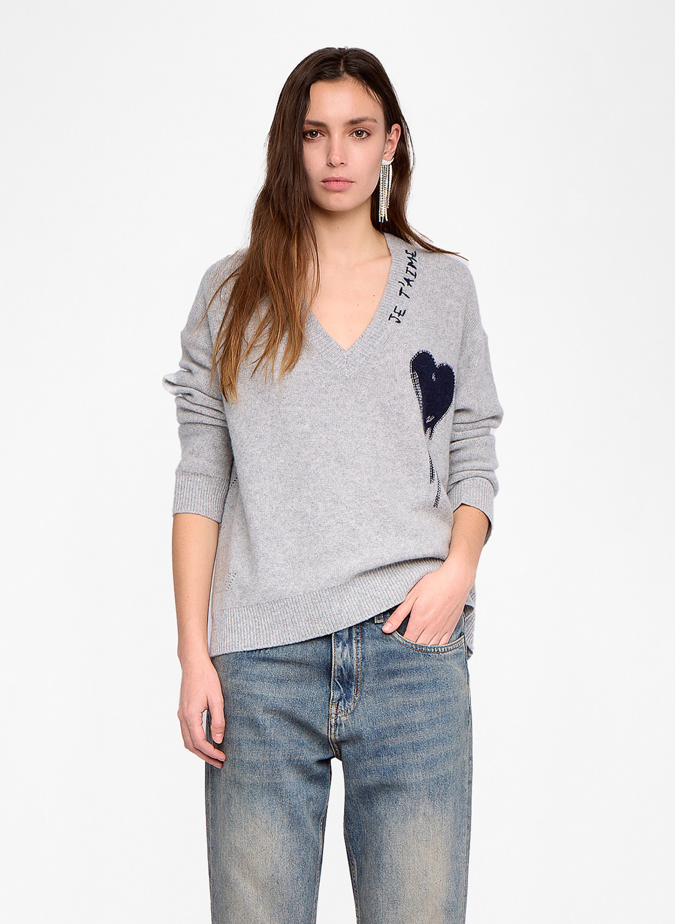 Pull droit col v en cachemire imprimé mikyz ZADIG&VOLTAIRE Gris