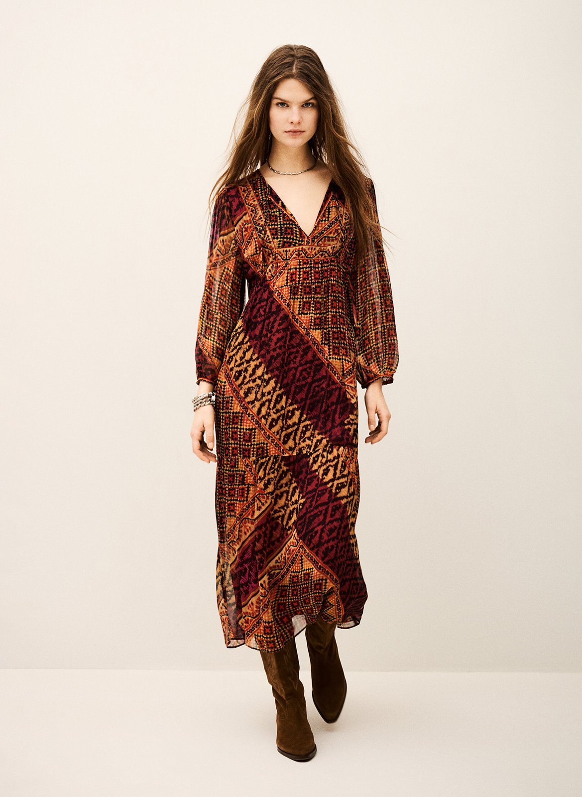 Robe longue col tunisien imprimée oria BA&SH Rouge