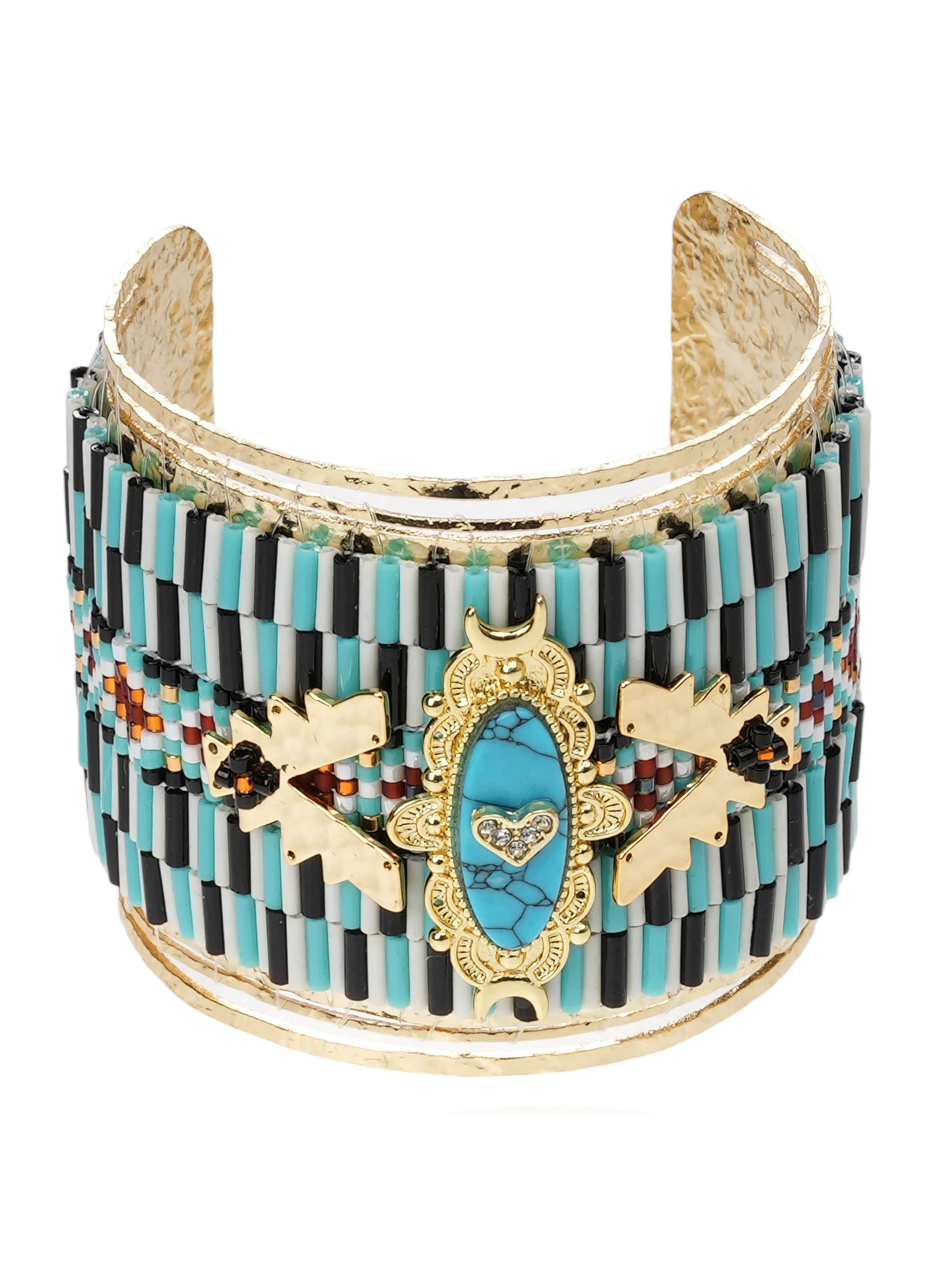 Bracelet jonc martelé avec perles tissées et cabochon central zellige HIPANEMA Bleu