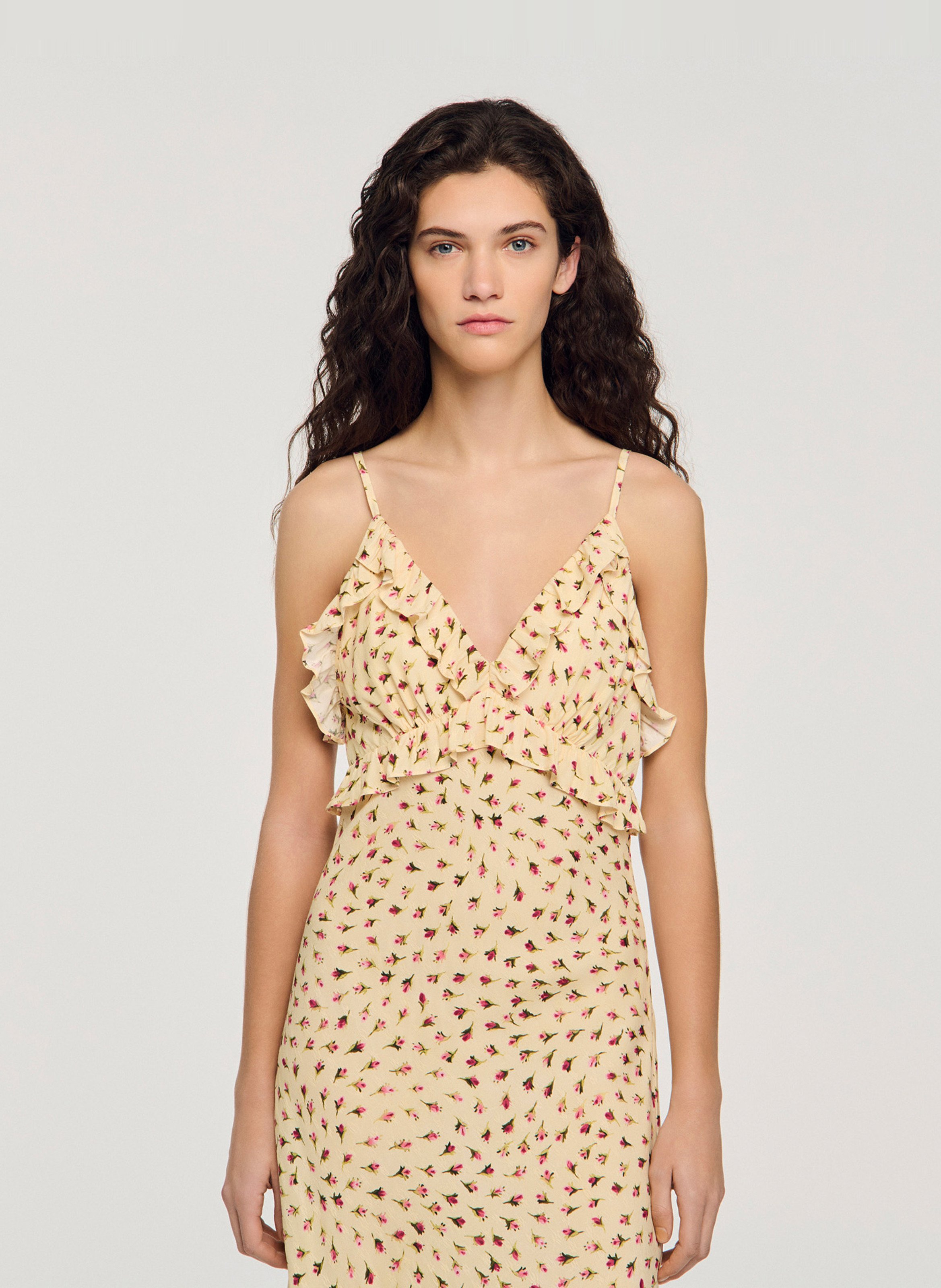 Robe longue col v imprimée SANDRO Beige