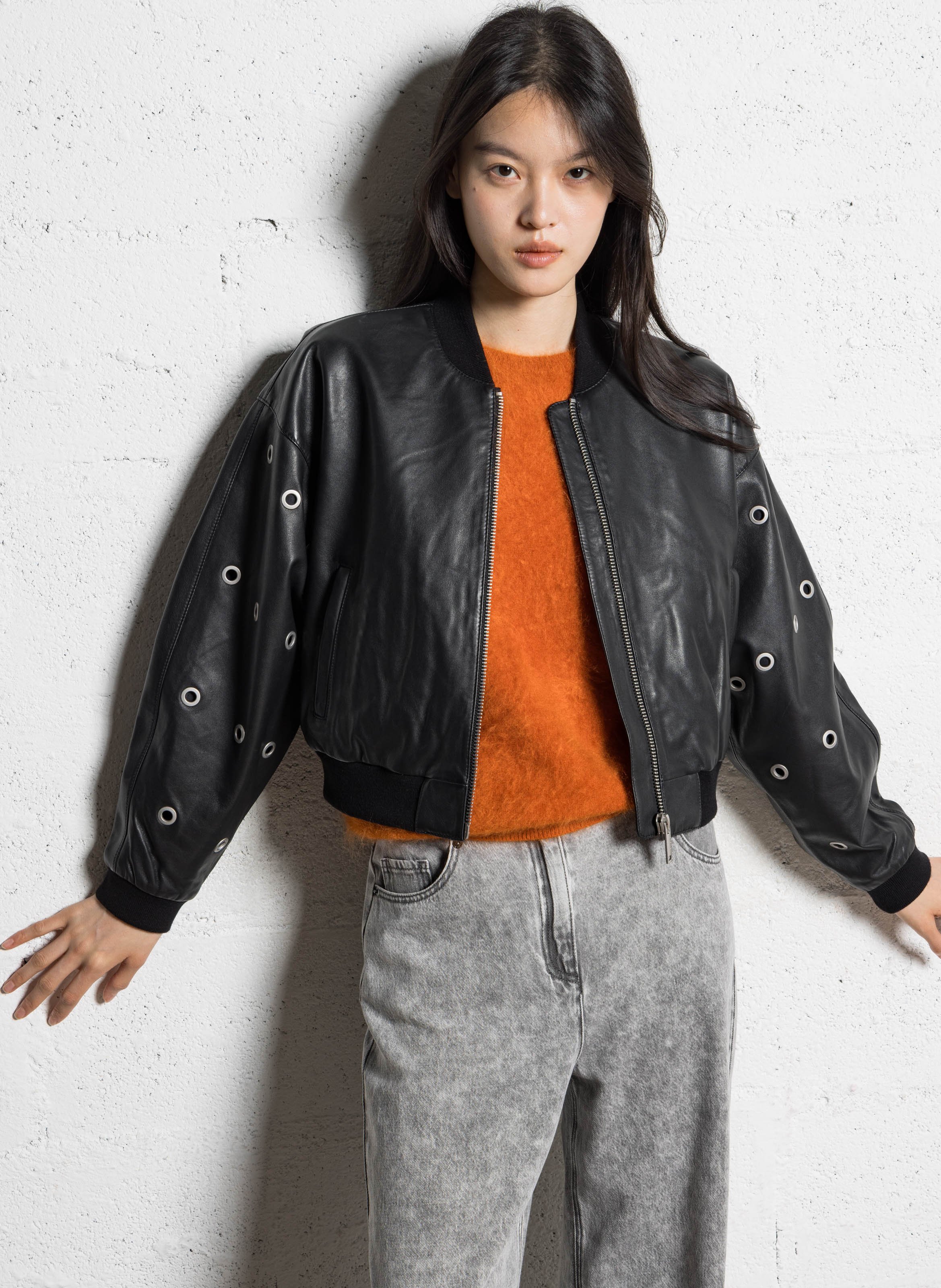 Veste droite col teddy en cuir IKKS Noir