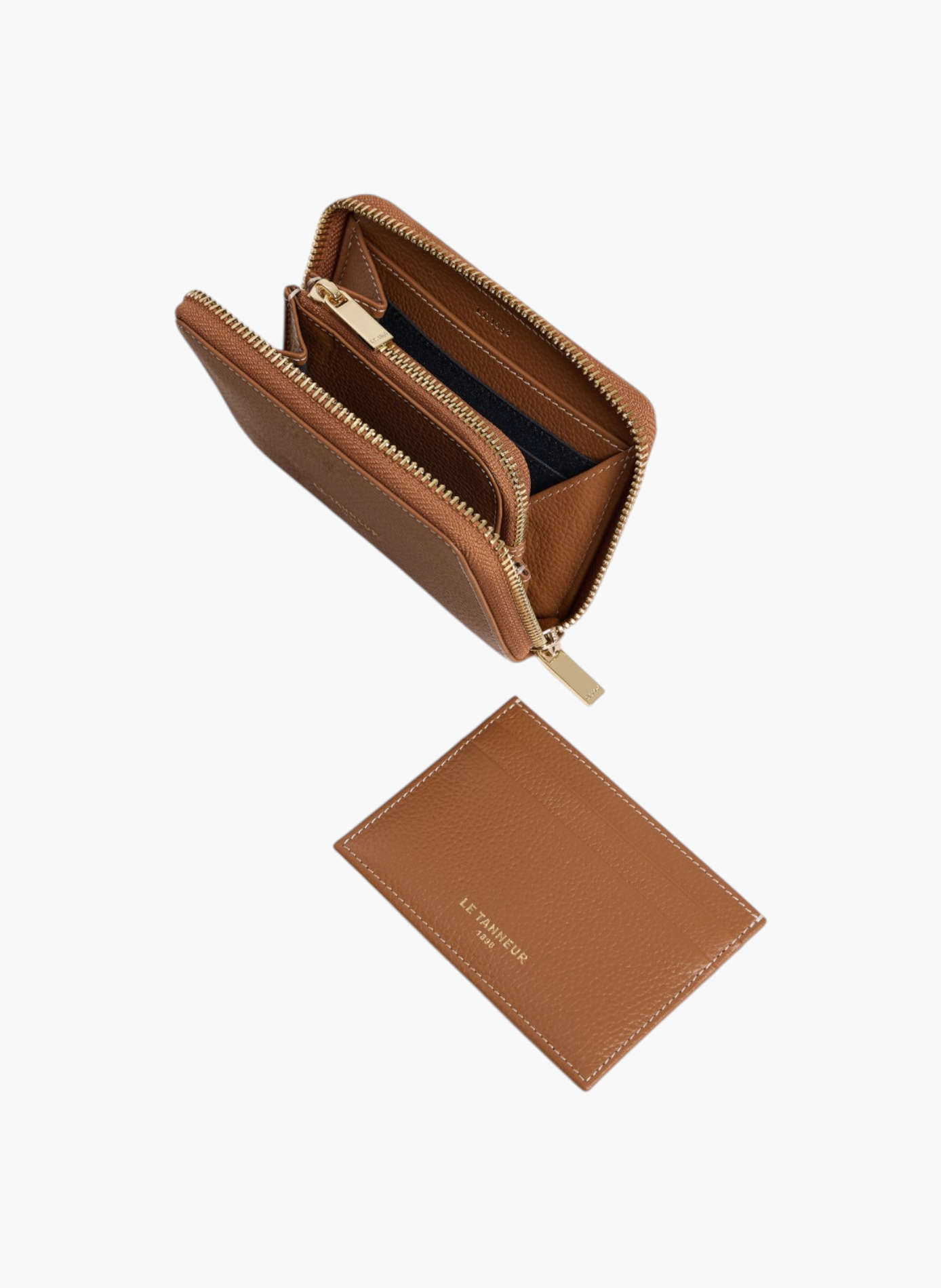 Porte monnaie zippé avec porte cartes amovible albertine en cuir grainé LE TANNEUR Marron