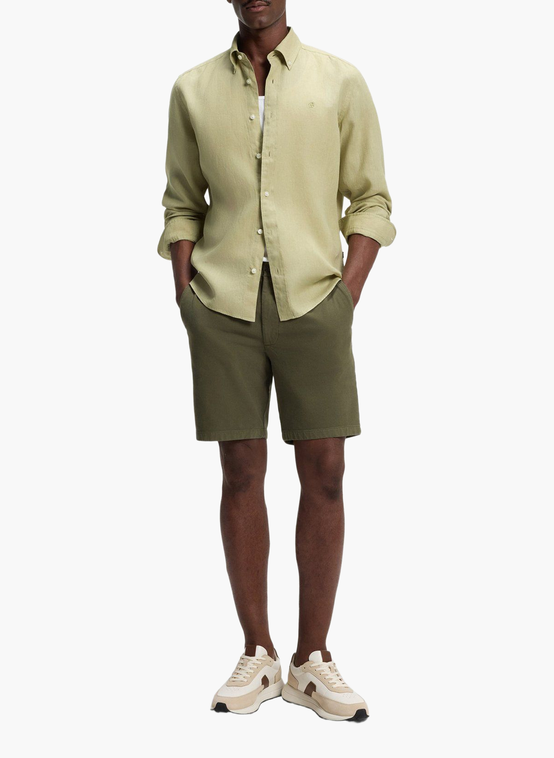 Chemise en lin col classique BOSS Kaki